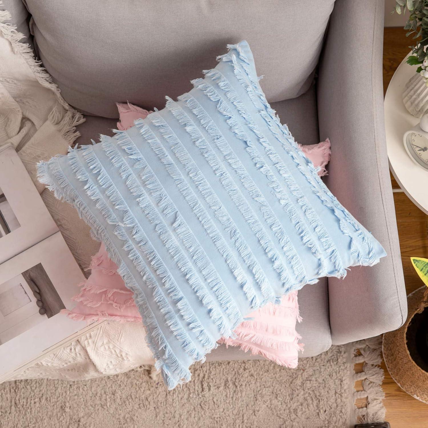 imageMIULEE Set of 2 Decorative Boho Throw Pillow Covers Linen Striped Jacquard Pattern Cushion Covers for Sofa Couch Living Room Bedroom 18x18 Inch RedLight Blue