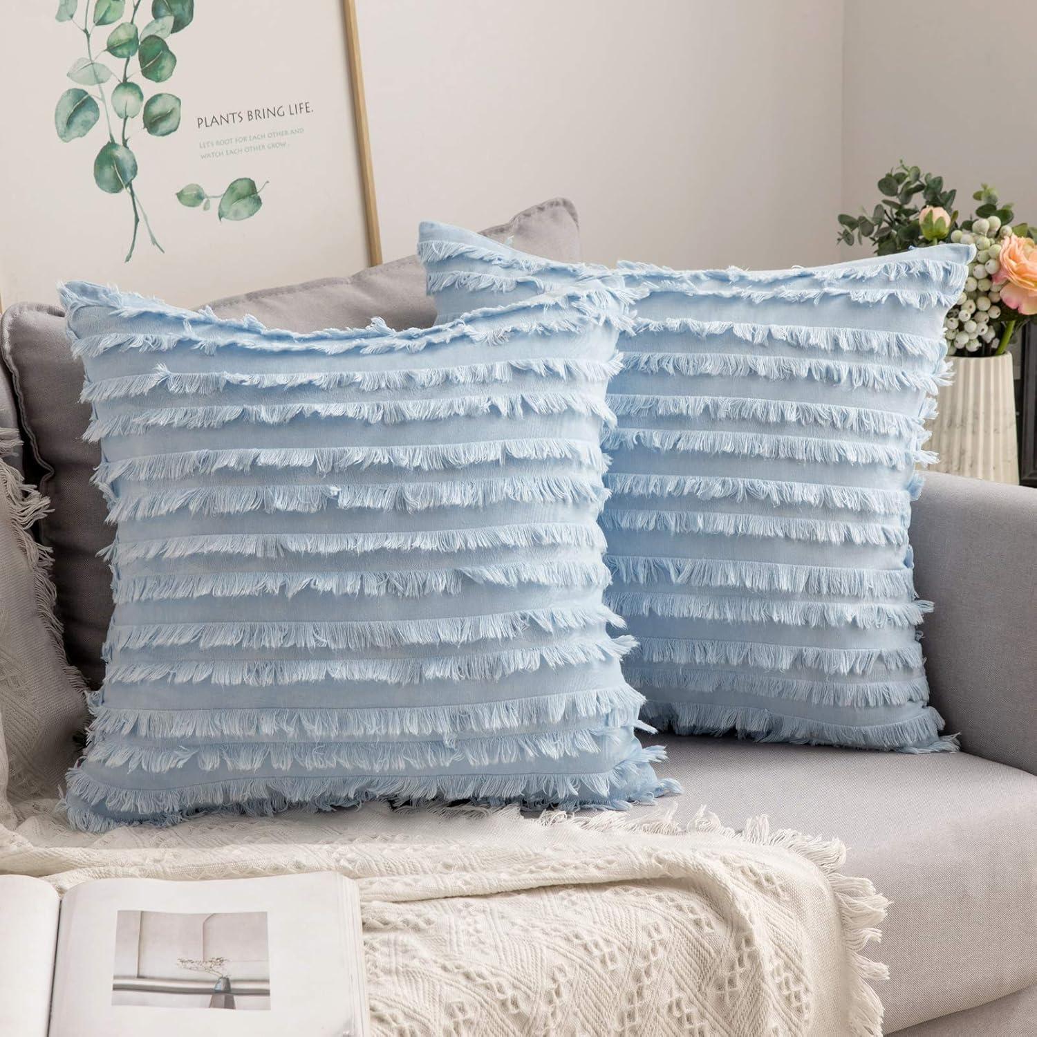 imageMIULEE Set of 2 Decorative Boho Throw Pillow Covers Linen Striped Jacquard Pattern Cushion Covers for Sofa Couch Living Room Bedroom 18x18 Inch RedLight Blue