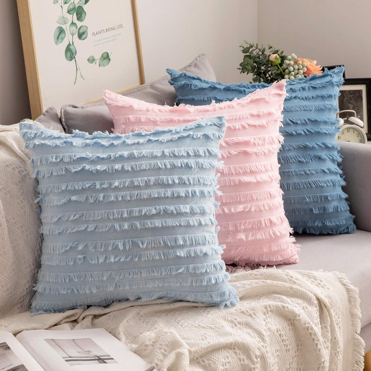 imageMIULEE Set of 2 Decorative Boho Throw Pillow Covers Linen Striped Jacquard Pattern Cushion Covers for Sofa Couch Living Room Bedroom 18x18 Inch RedLight Blue