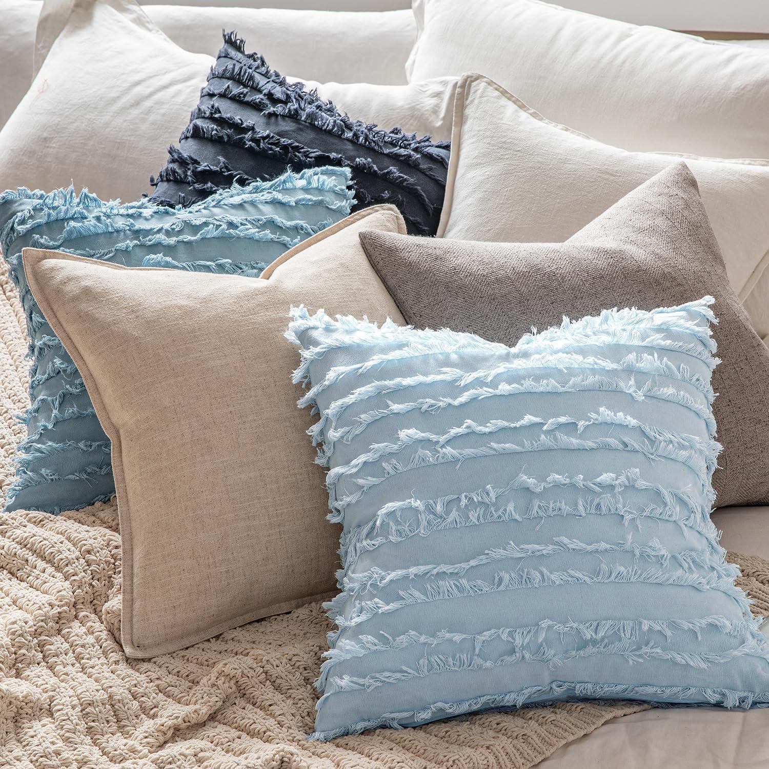 imageMIULEE Set of 2 Decorative Boho Throw Pillow Covers Linen Striped Jacquard Pattern Cushion Covers for Sofa Couch Living Room Bedroom 18x18 Inch RedLight Blue