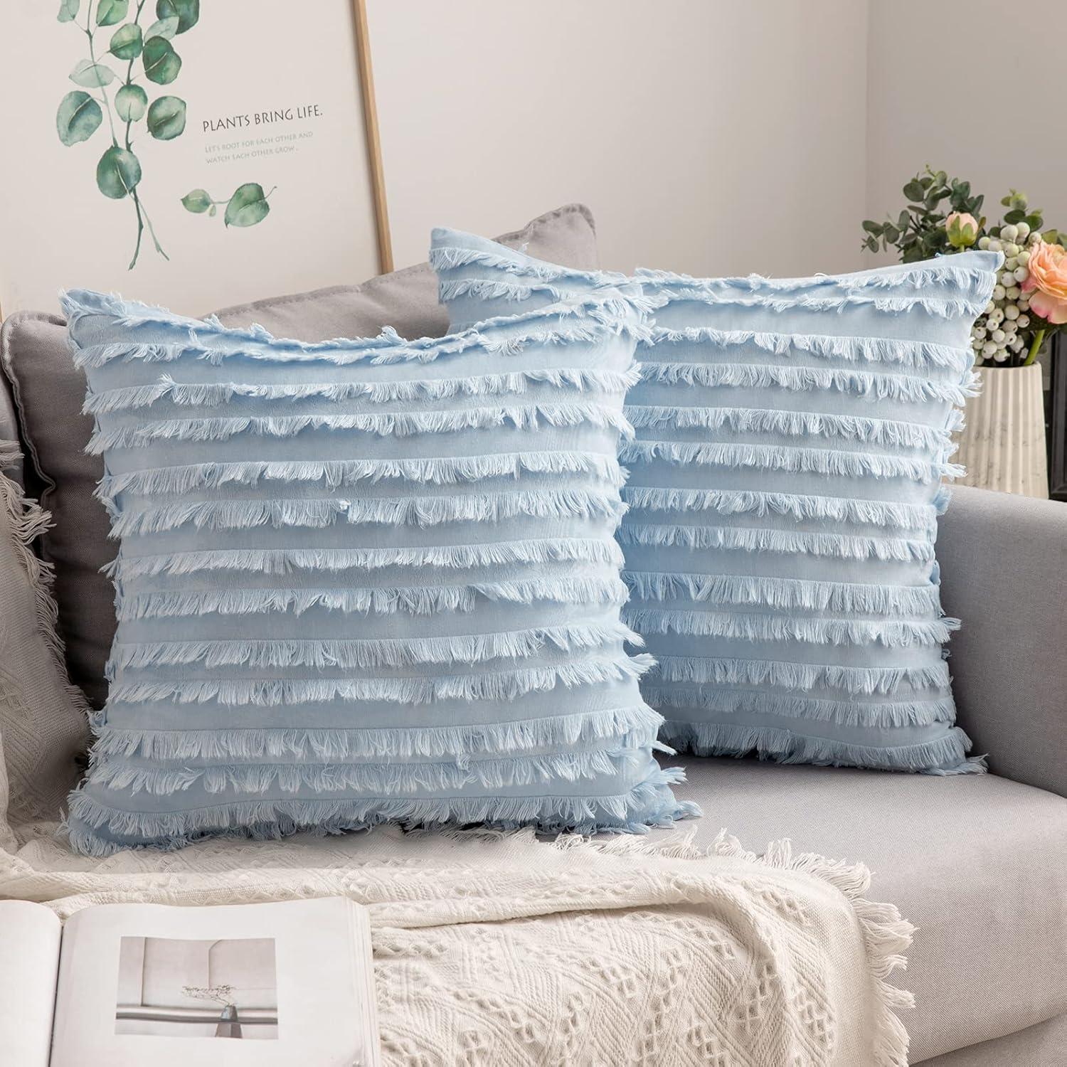 imageMIULEE Set of 2 Decorative Boho Throw Pillow Covers Linen Striped Jacquard Pattern Cushion Covers for Sofa Couch Living Room Bedroom 18x18 Inch RedLight Blue