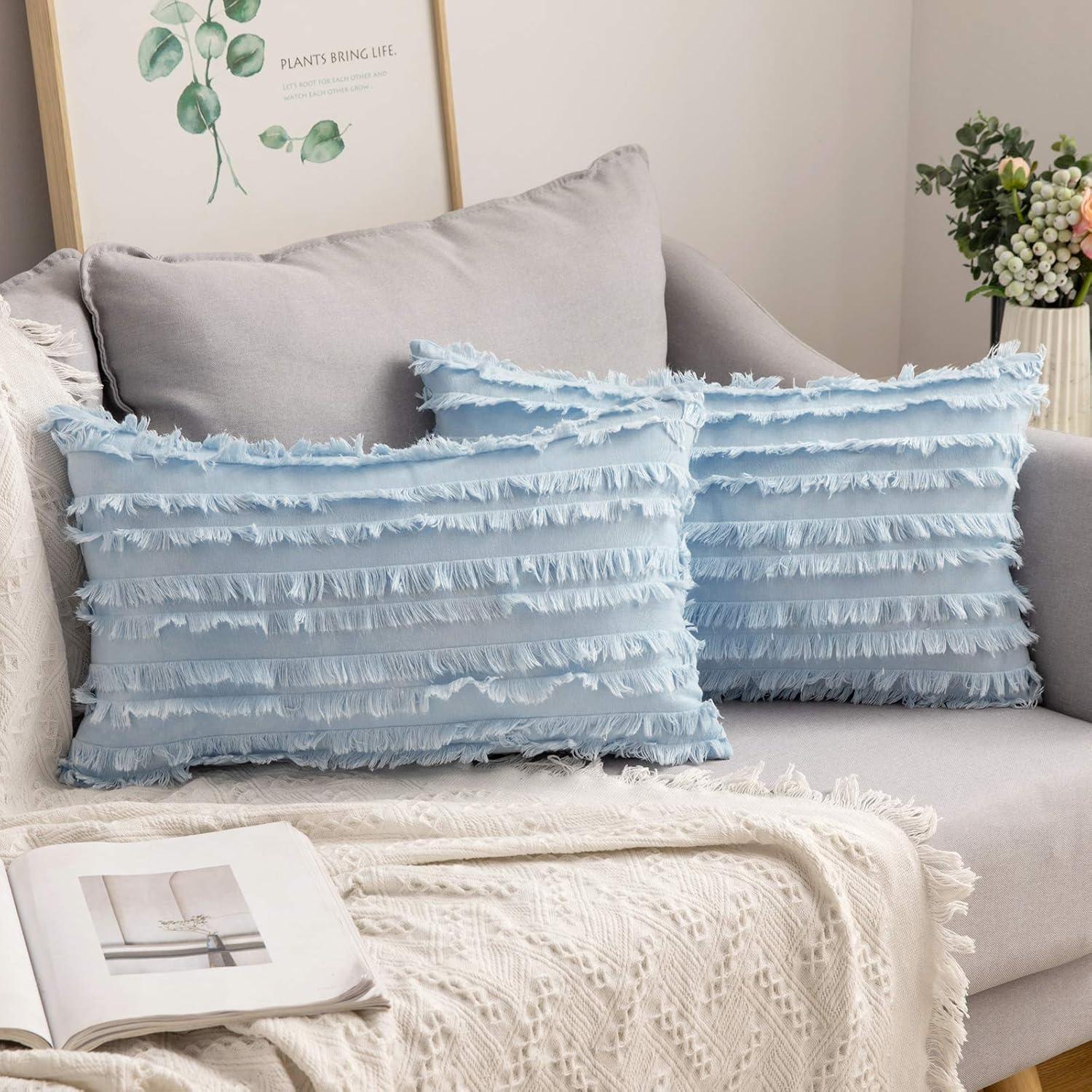 imageMIULEE Set of 2 Decorative Boho Throw Pillow Covers Linen Striped Jacquard Pattern Cushion Covers for Sofa Couch Living Room Bedroom 18x18 Inch RedLight Blue