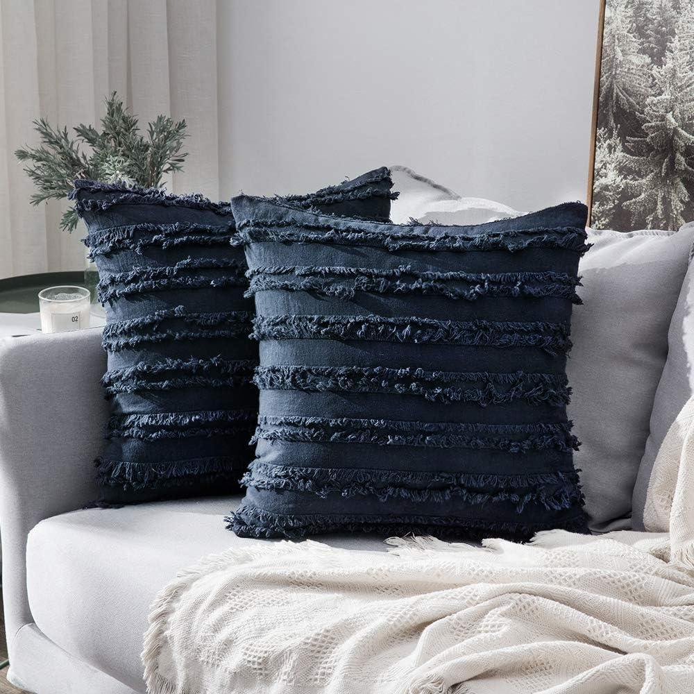 imageMIULEE Set of 2 Decorative Boho Throw Pillow Covers Linen Striped Jacquard Pattern Cushion Covers for Sofa Couch Living Room Bedroom 18x18 Inch RedNavy Blue