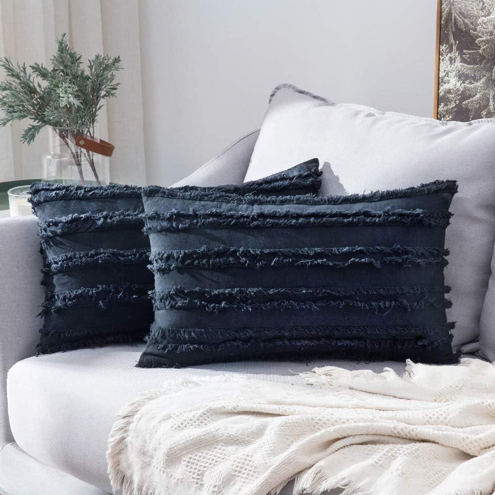 imageMIULEE Set of 2 Decorative Boho Throw Pillow Covers Linen Striped Jacquard Pattern Cushion Covers for Sofa Couch Living Room Bedroom 18x18 Inch RedNavy Blue