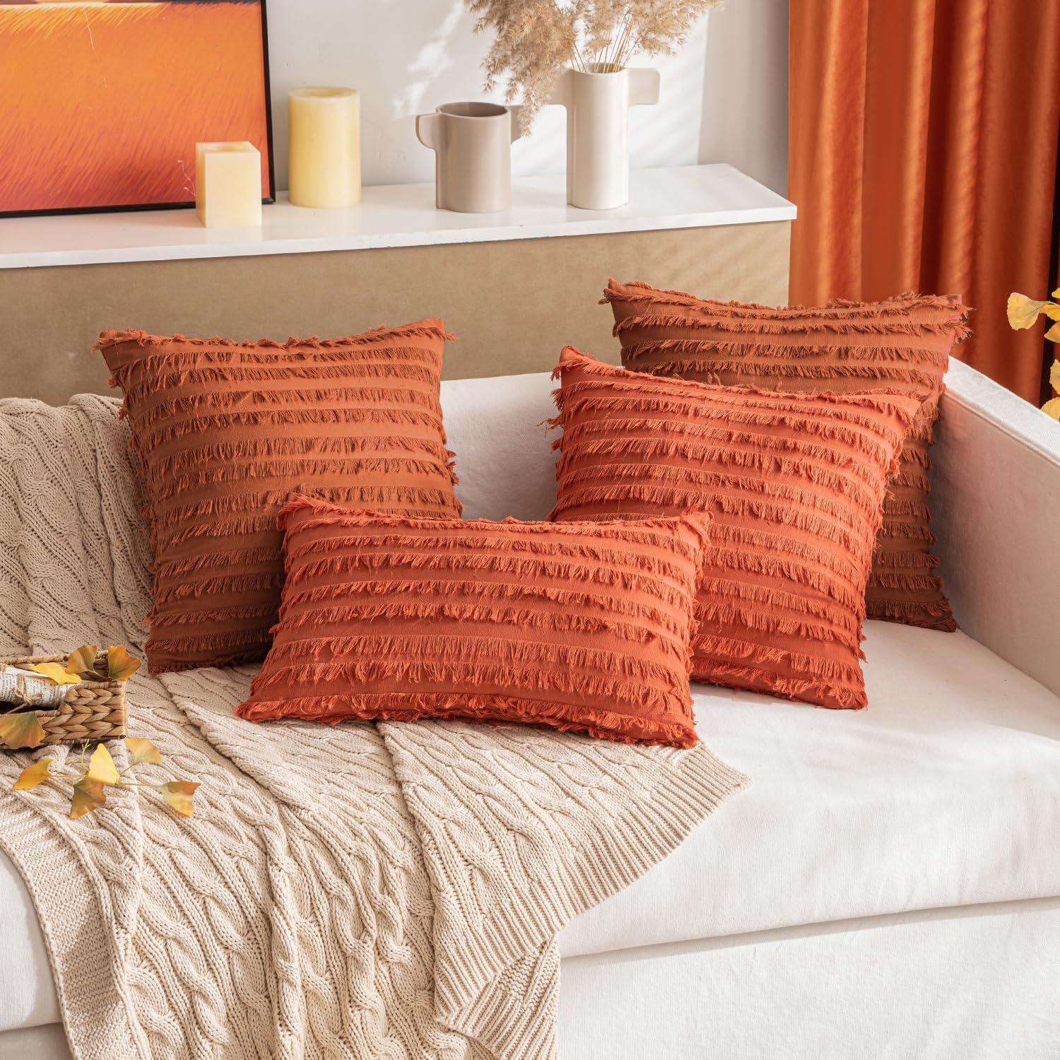 imageMIULEE Set of 2 Decorative Boho Throw Pillow Covers Linen Striped Jacquard Pattern Cushion Covers for Sofa Couch Living Room Bedroom 18x18 Inch RedRust