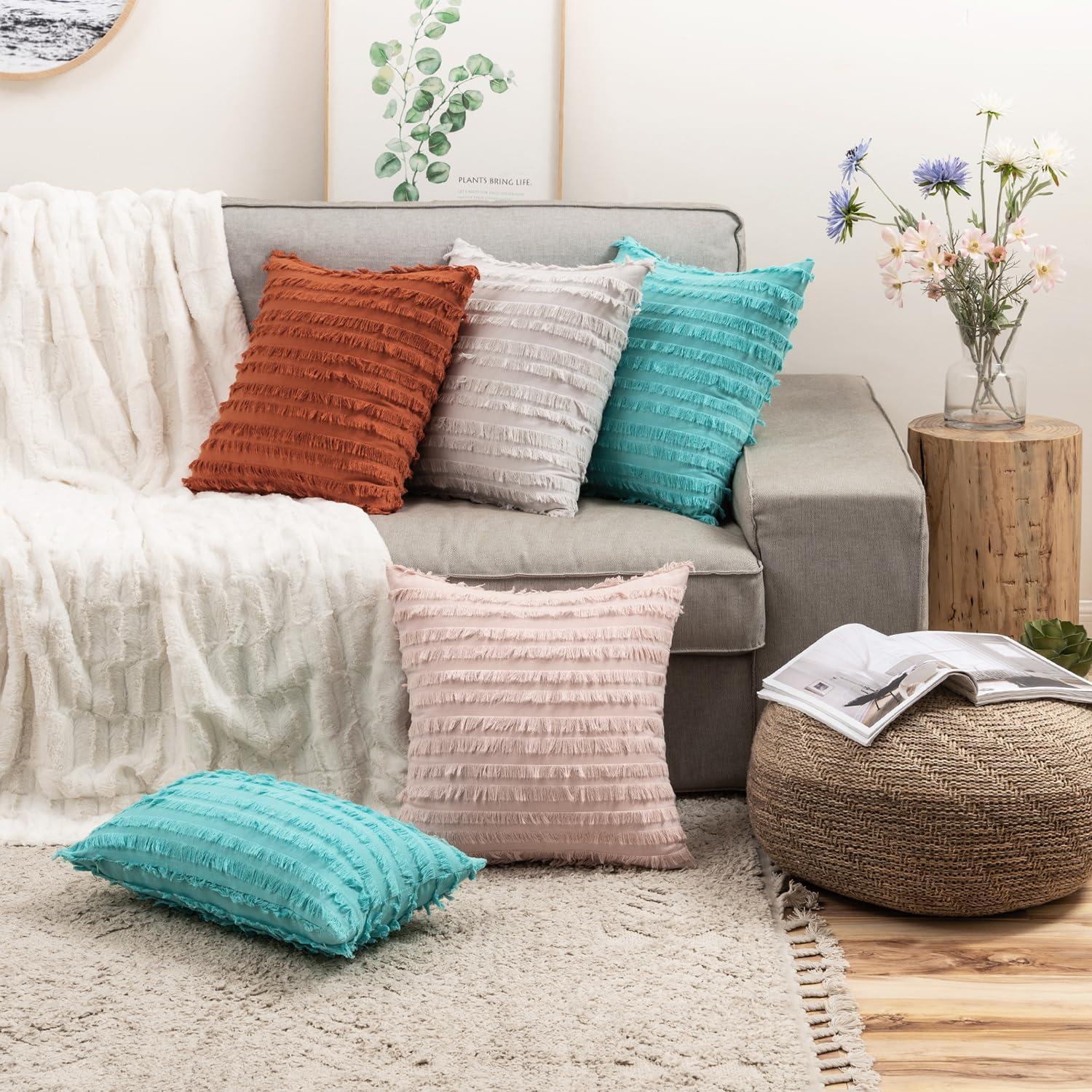 imageMIULEE Set of 2 Decorative Boho Throw Pillow Covers Linen Striped Jacquard Pattern Cushion Covers for Sofa Couch Living Room Bedroom 18x18 Inch RedRust