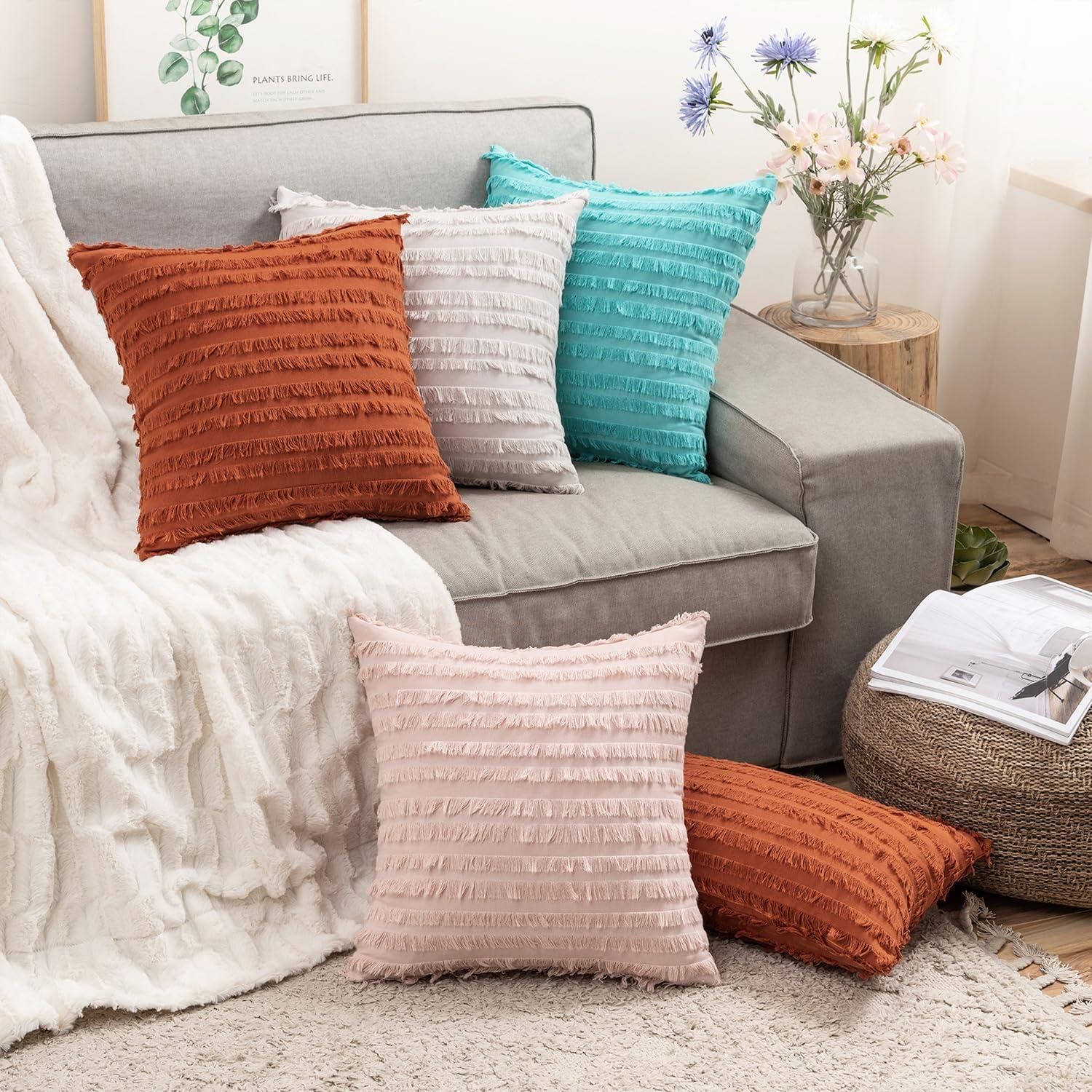 imageMIULEE Set of 2 Decorative Boho Throw Pillow Covers Linen Striped Jacquard Pattern Cushion Covers for Sofa Couch Living Room Bedroom 18x18 Inch RedRust
