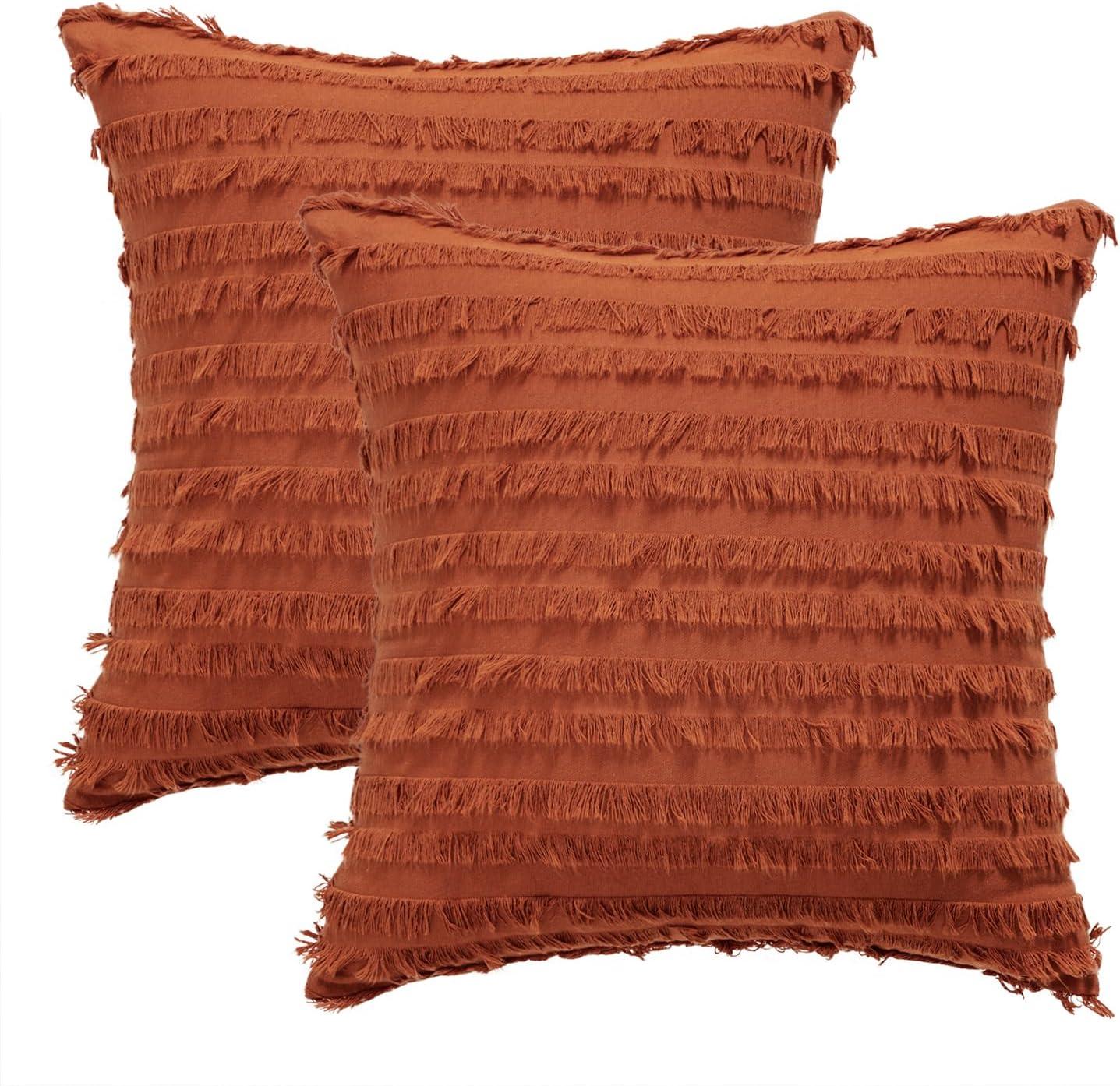 imageMIULEE Set of 2 Decorative Boho Throw Pillow Covers Linen Striped Jacquard Pattern Cushion Covers for Sofa Couch Living Room Bedroom 18x18 Inch RedRust