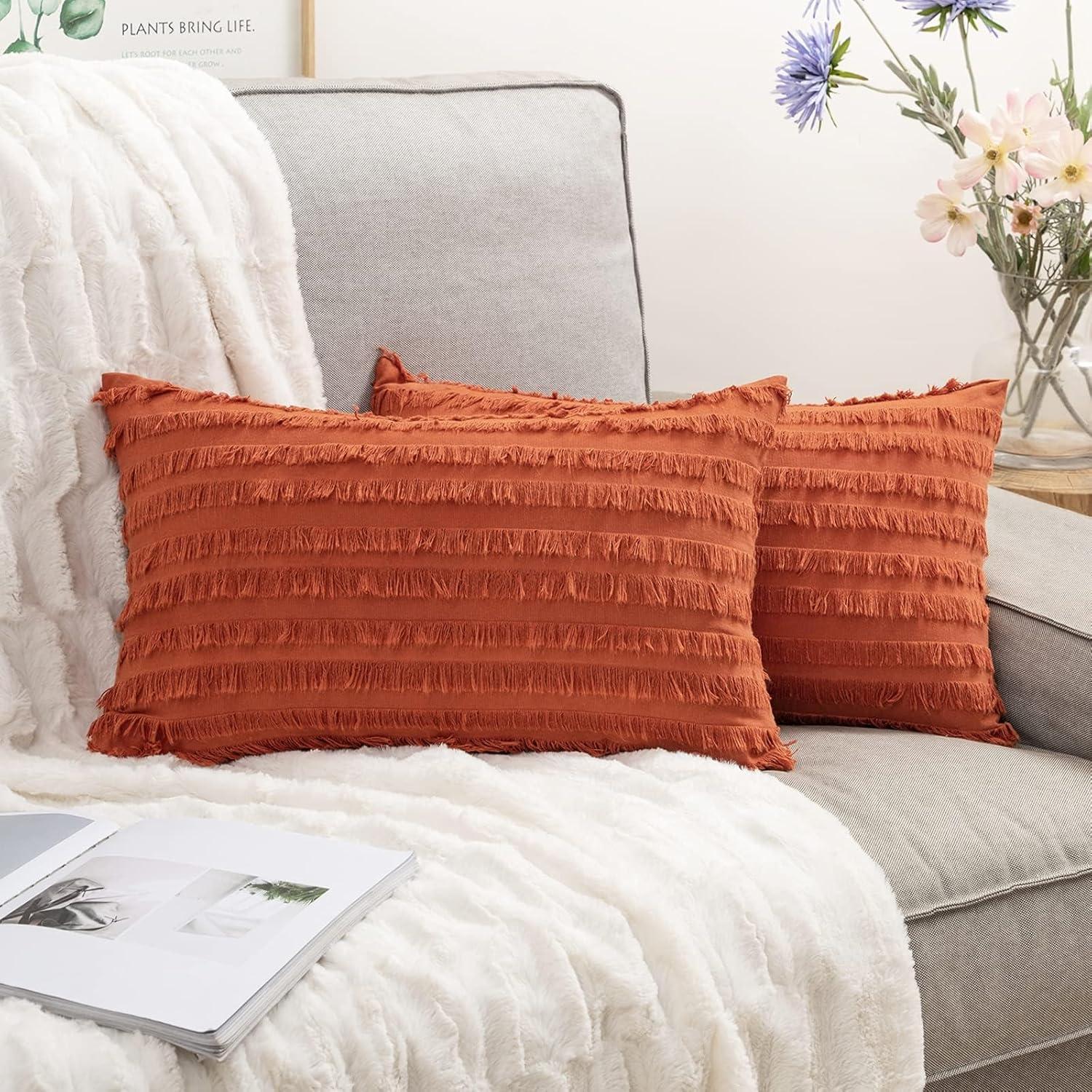 imageMIULEE Set of 2 Decorative Boho Throw Pillow Covers Linen Striped Jacquard Pattern Cushion Covers for Sofa Couch Living Room Bedroom 18x18 Inch RedRust