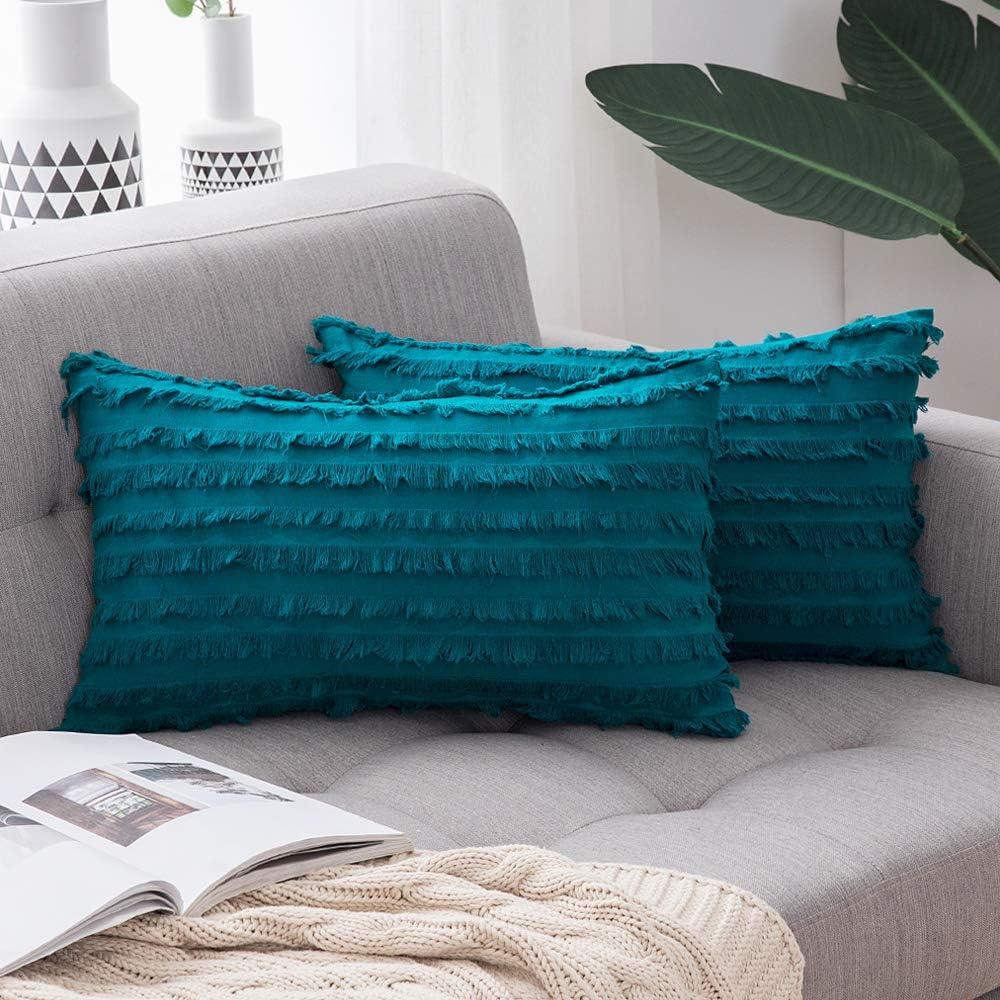 imageMIULEE Set of 2 Decorative Boho Throw Pillow Covers Linen Striped Jacquard Pattern Cushion Covers for Sofa Couch Living Room Bedroom 18x18 Inch RedTeal