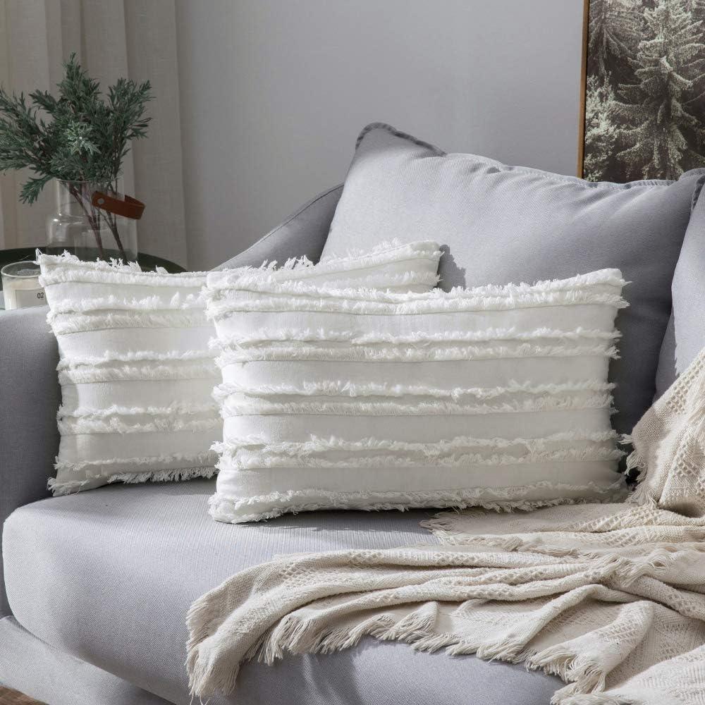 imageMIULEE Set of 2 Decorative Boho Throw Pillow Covers Linen Striped Jacquard Pattern Cushion Covers for Sofa Couch Living Room Bedroom 18x18 Inch RedWhite