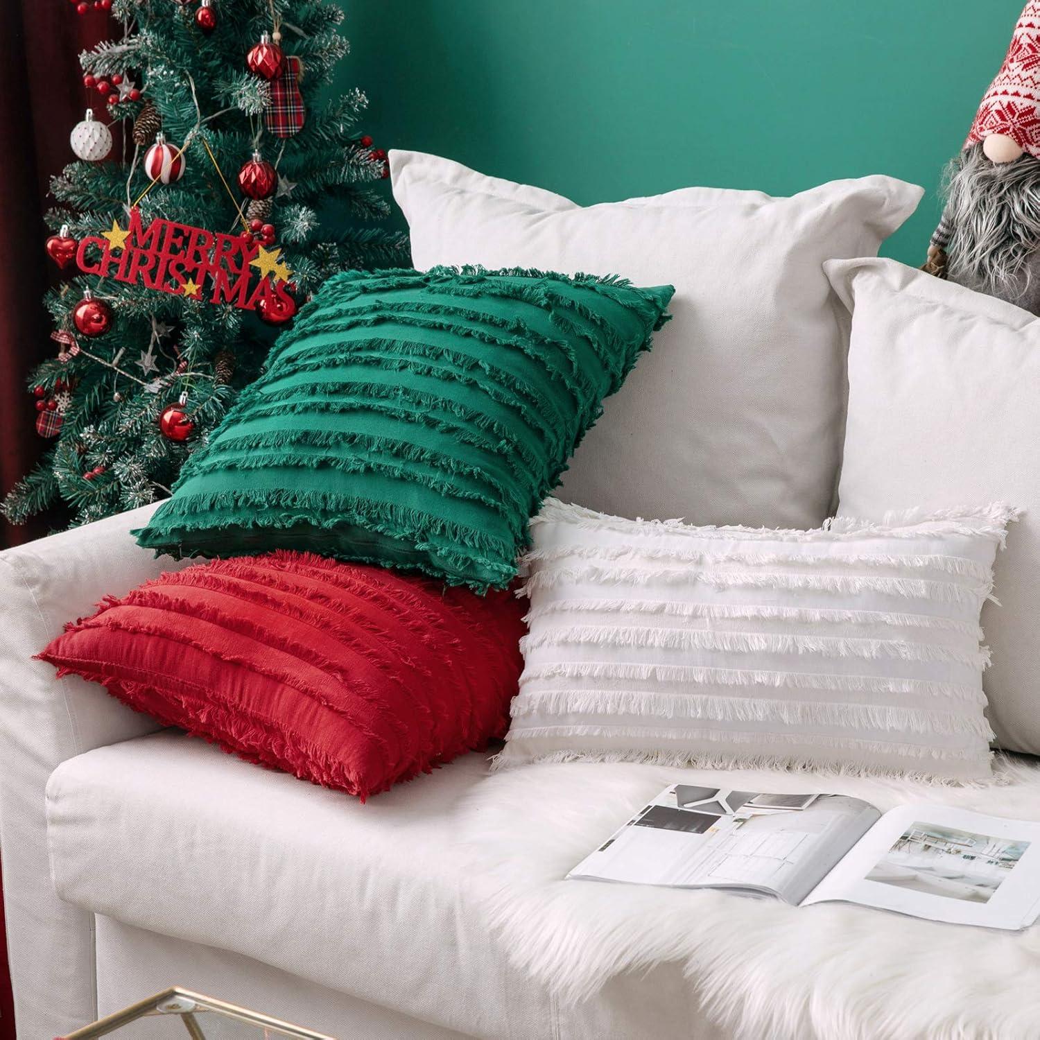 imageMIULEE Set of 2 Decorative Boho Throw Pillow Covers Linen Striped Jacquard Pattern Cushion Covers for Sofa Couch Living Room Bedroom 18x18 Inch RedWhite