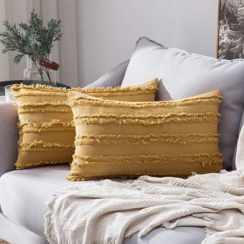 imageMIULEE Set of 2 Decorative Boho Throw Pillow Covers Linen Striped Jacquard Pattern Cushion Covers for Sofa Couch Living Room Bedroom 18x18 Inch RedYellow