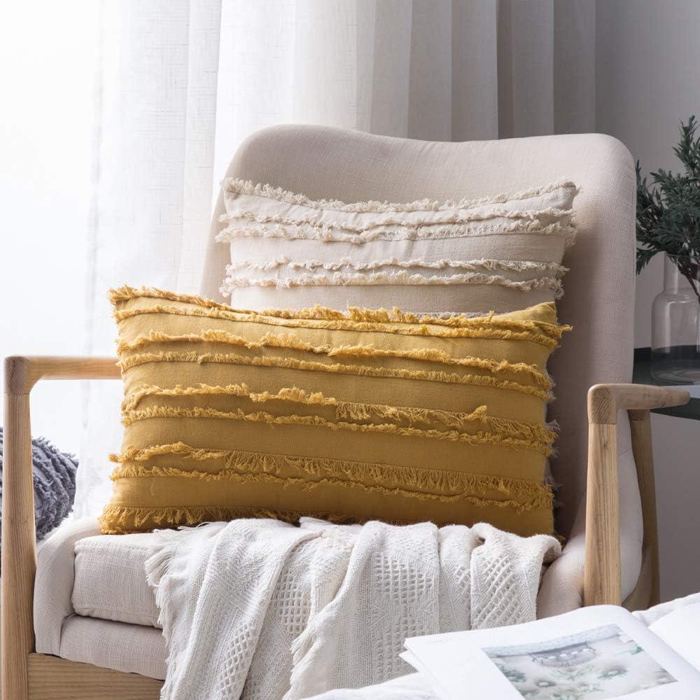 imageMIULEE Set of 2 Decorative Boho Throw Pillow Covers Linen Striped Jacquard Pattern Cushion Covers for Sofa Couch Living Room Bedroom 18x18 Inch RedYellow