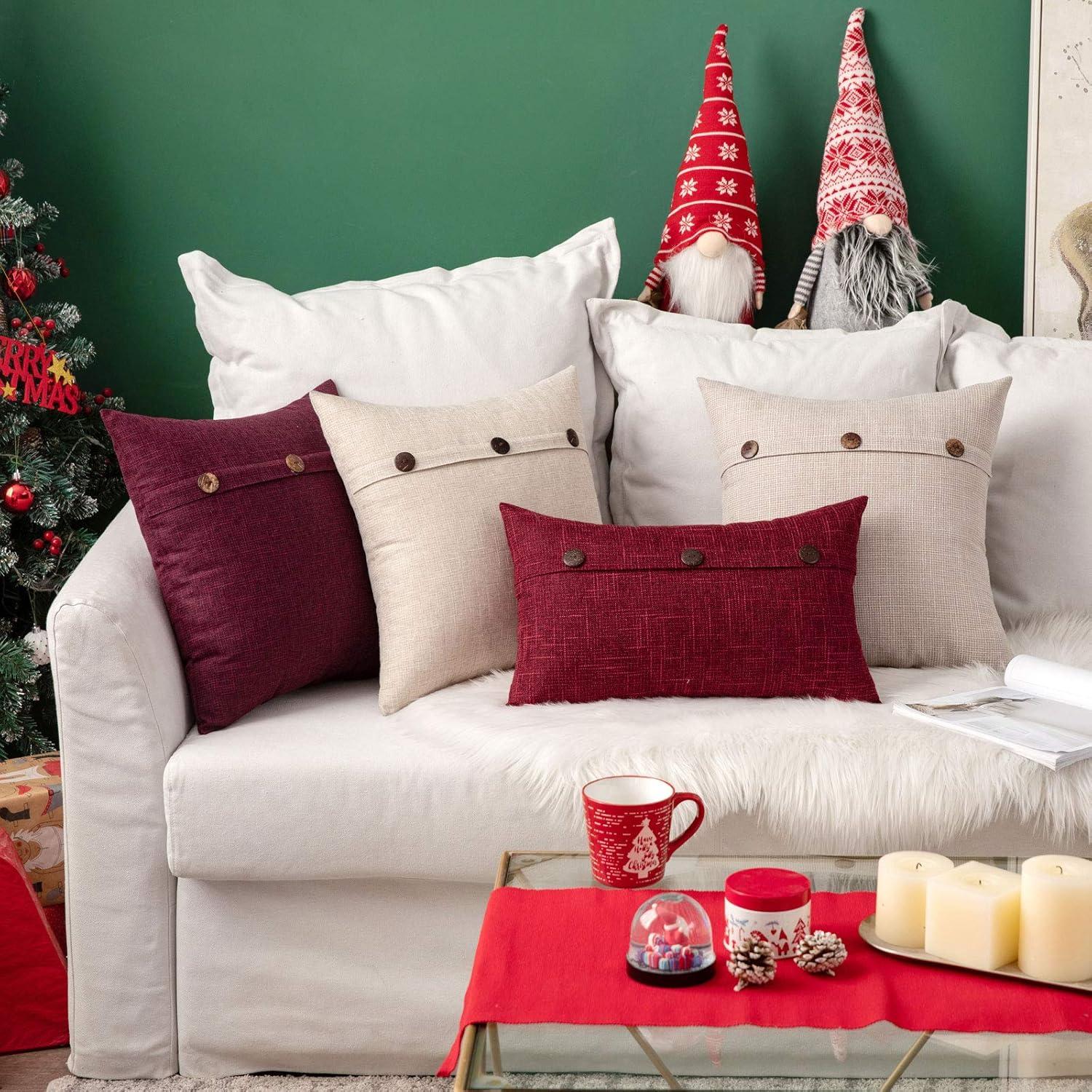 imageMIULEE Set of 2 Decorative Linen Throw Pillow Covers Cushion Case Triple Button Vintage Farmhouse Pillowcase for Couch Sofa Bed 12 x 20 Inch 30 x 50 cm BeigeWine Red