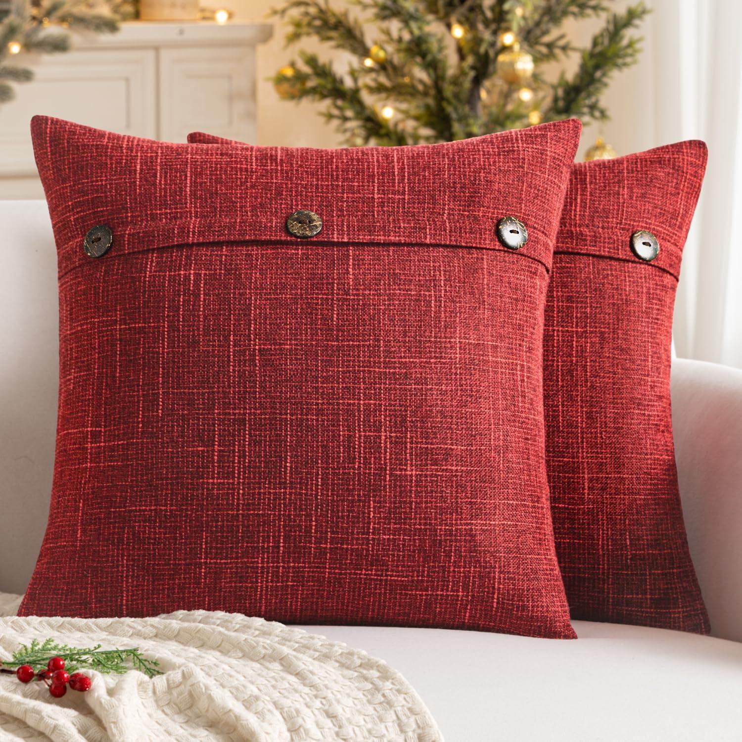 imageMIULEE Set of 2 Decorative Linen Throw Pillow Covers Cushion Case Triple Button Vintage Farmhouse Pillowcase for Couch Sofa Bed 12 x 20 Inch 30 x 50 cm BeigeWine Red