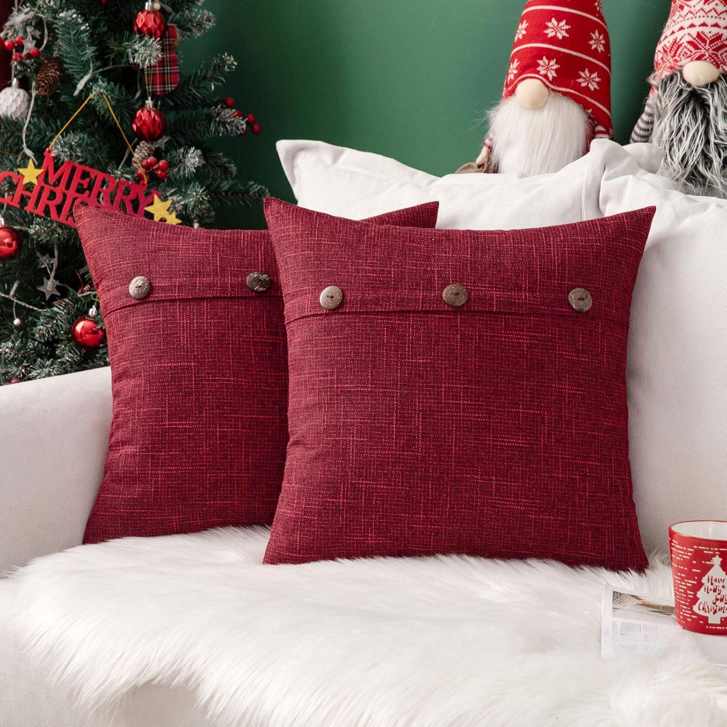 imageMIULEE Set of 2 Decorative Linen Throw Pillow Covers Cushion Case Triple Button Vintage Farmhouse Pillowcase for Couch Sofa Bed 12 x 20 Inch 30 x 50 cm BeigeWine Red