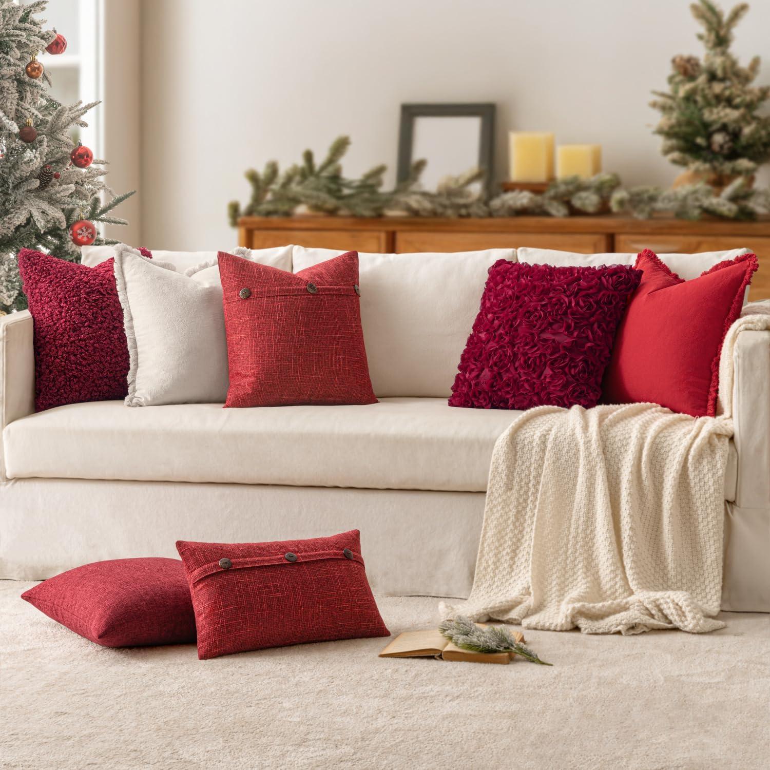 imageMIULEE Set of 2 Decorative Linen Throw Pillow Covers Cushion Case Triple Button Vintage Farmhouse Pillowcase for Couch Sofa Bed 12 x 20 Inch 30 x 50 cm BeigeWine Red