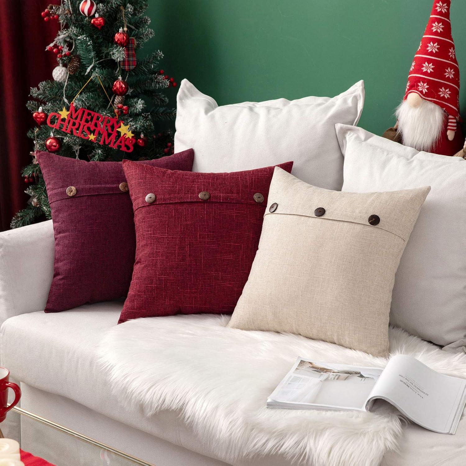 imageMIULEE Set of 2 Decorative Linen Throw Pillow Covers Cushion Case Triple Button Vintage Farmhouse Pillowcase for Couch Sofa Bed 12 x 20 Inch 30 x 50 cm BeigeWine Red