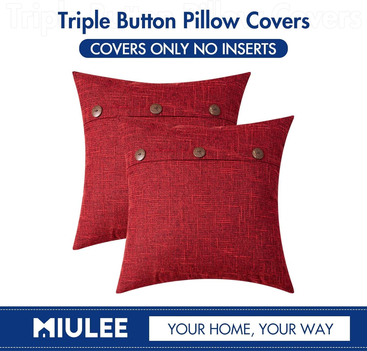imageMIULEE Set of 2 Decorative Linen Throw Pillow Covers Cushion Case Triple Button Vintage Farmhouse Pillowcase for Couch Sofa Bed 12 x 20 Inch 30 x 50 cm BeigeWine Red