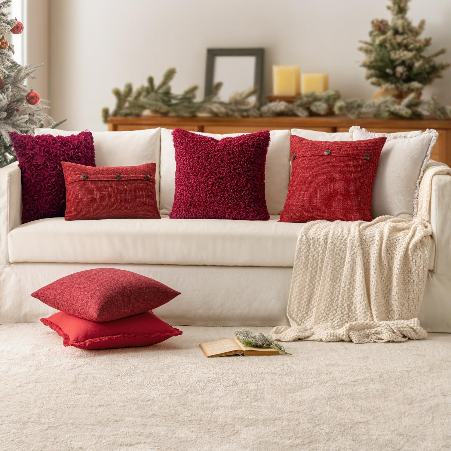 imageMIULEE Set of 2 Decorative Linen Throw Pillow Covers Cushion Case Triple Button Vintage Farmhouse Pillowcase for Couch Sofa Bed 12 x 20 Inch 30 x 50 cm BeigeWine Red