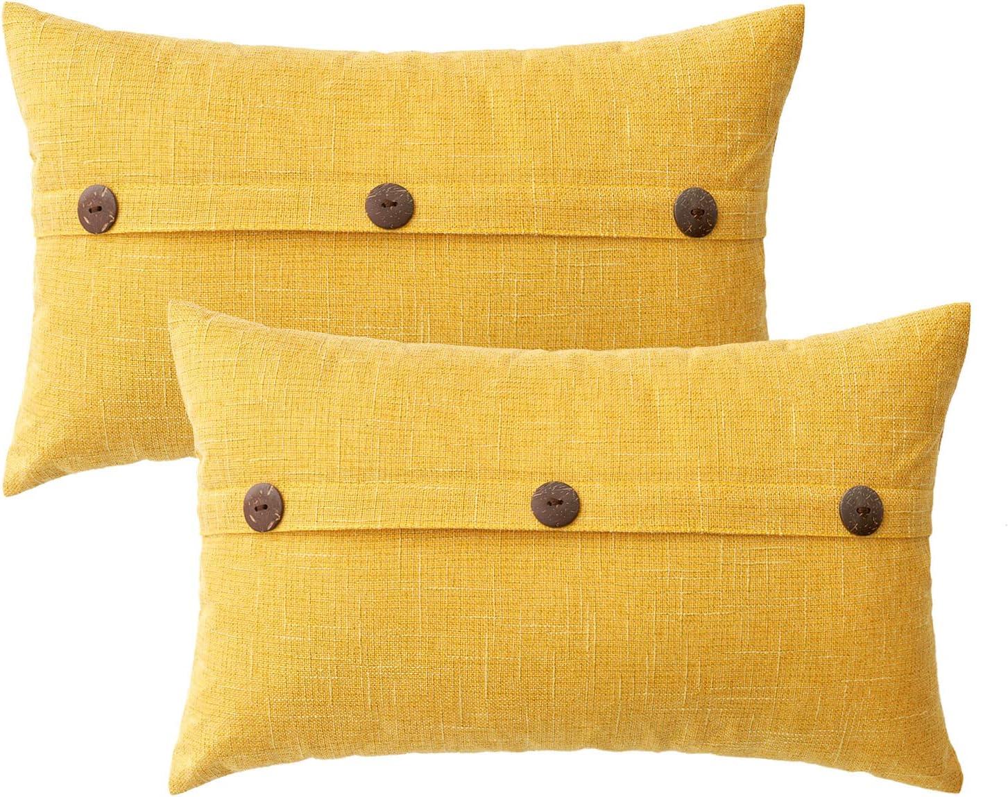 imageMIULEE Set of 2 Decorative Linen Throw Pillow Covers Cushion Case Triple Button Vintage Farmhouse Pillowcase for Couch Sofa Bed 12 x 20 Inch 30 x 50 cm BeigeBright Yellow