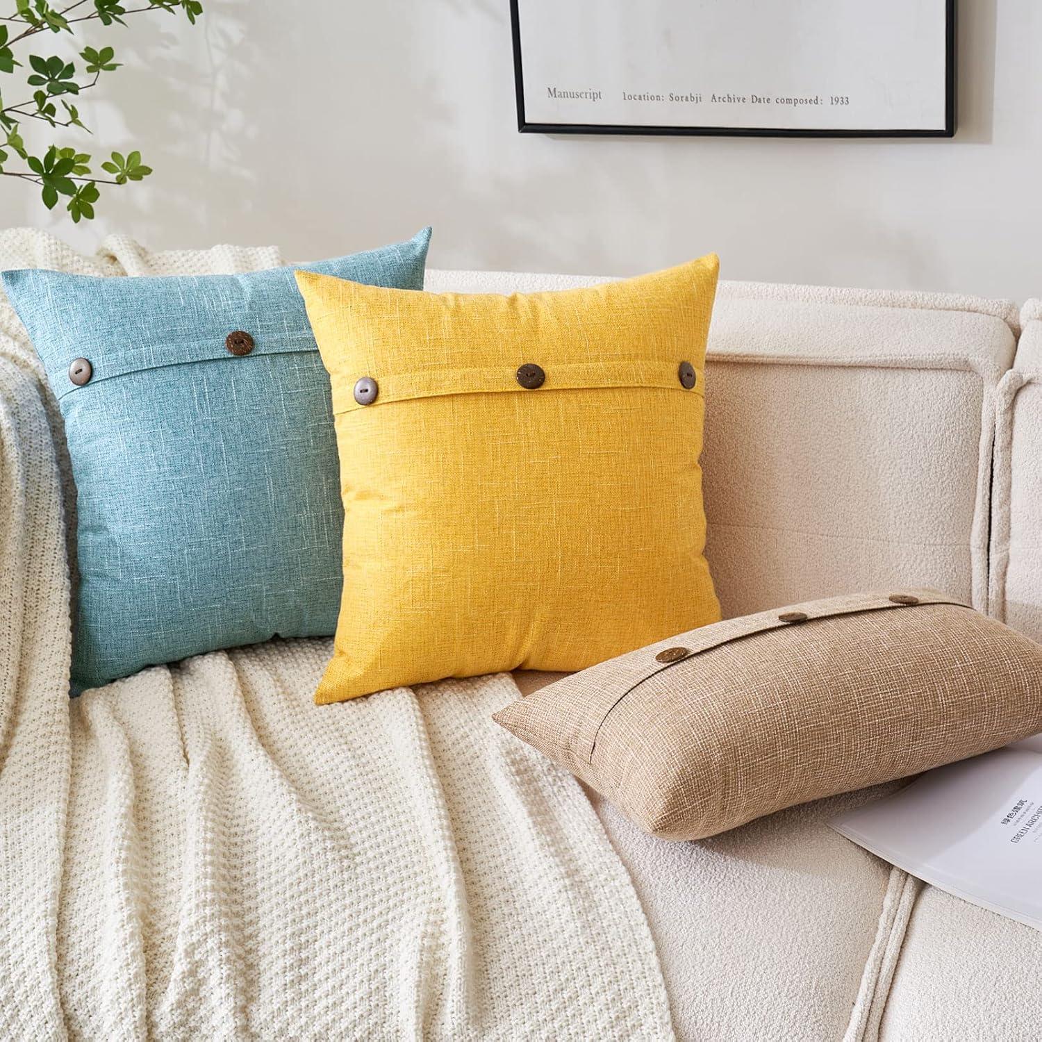 imageMIULEE Set of 2 Decorative Linen Throw Pillow Covers Cushion Case Triple Button Vintage Farmhouse Pillowcase for Couch Sofa Bed 12 x 20 Inch 30 x 50 cm BeigeBright Yellow