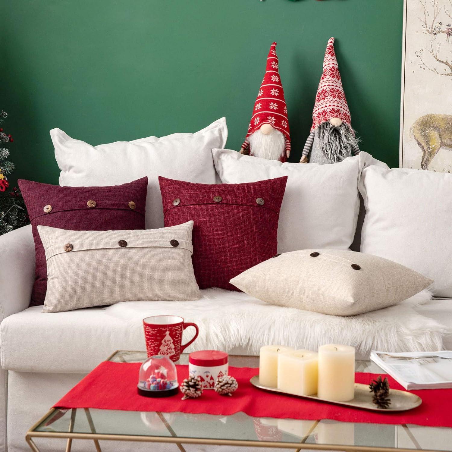 imageMIULEE Set of 2 Decorative Linen Throw Pillow Covers Cushion Case Triple Button Vintage Farmhouse Pillowcase for Couch Sofa Bed 12 x 20 Inch 30 x 50 cm BeigeWine Red