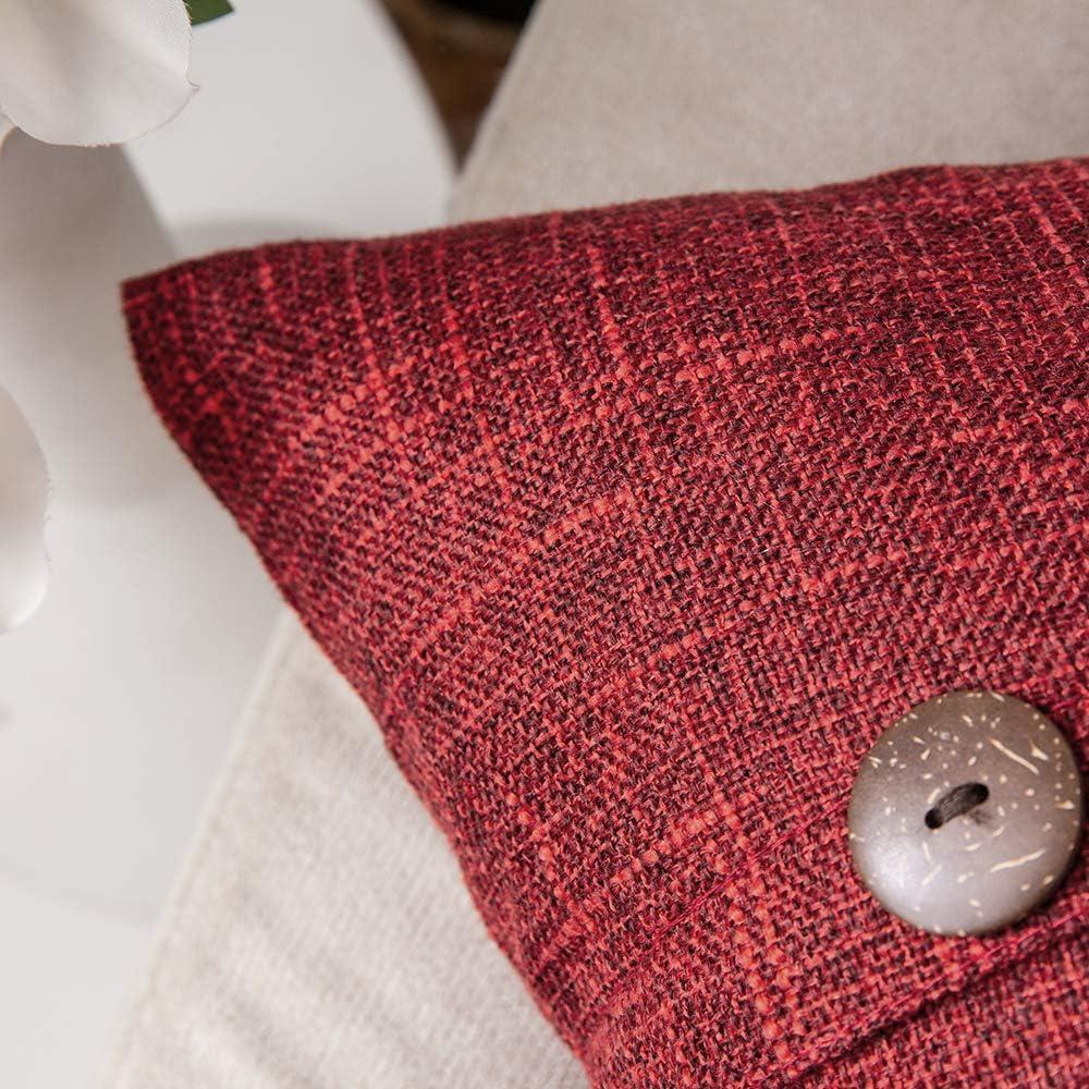 imageMIULEE Set of 2 Decorative Linen Throw Pillow Covers Cushion Case Triple Button Vintage Farmhouse Pillowcase for Couch Sofa Bed 12 x 20 Inch 30 x 50 cm BeigeWine Red