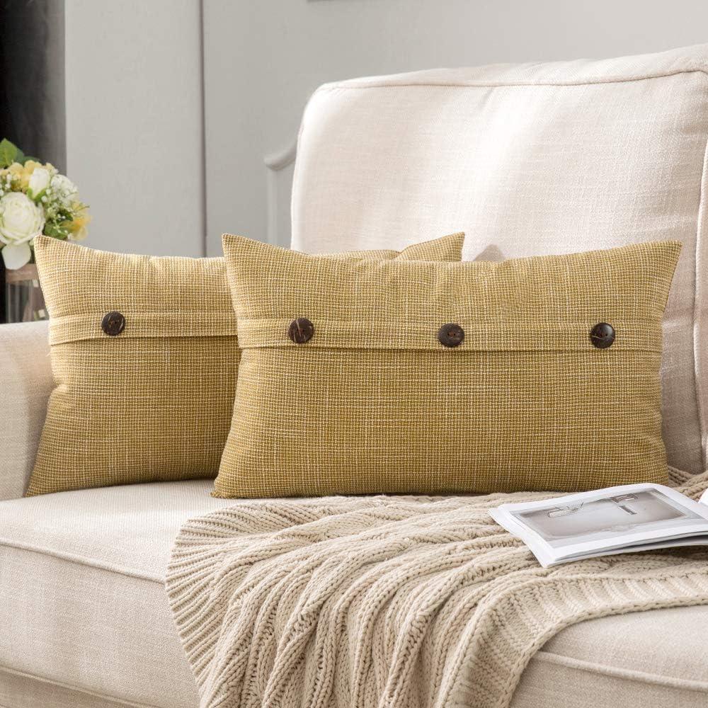 imageMIULEE Set of 2 Decorative Linen Throw Pillow Covers Cushion Case Triple Button Vintage Farmhouse Pillowcase for Couch Sofa Bed 12 x 20 Inch 30 x 50 cm BeigeYellow