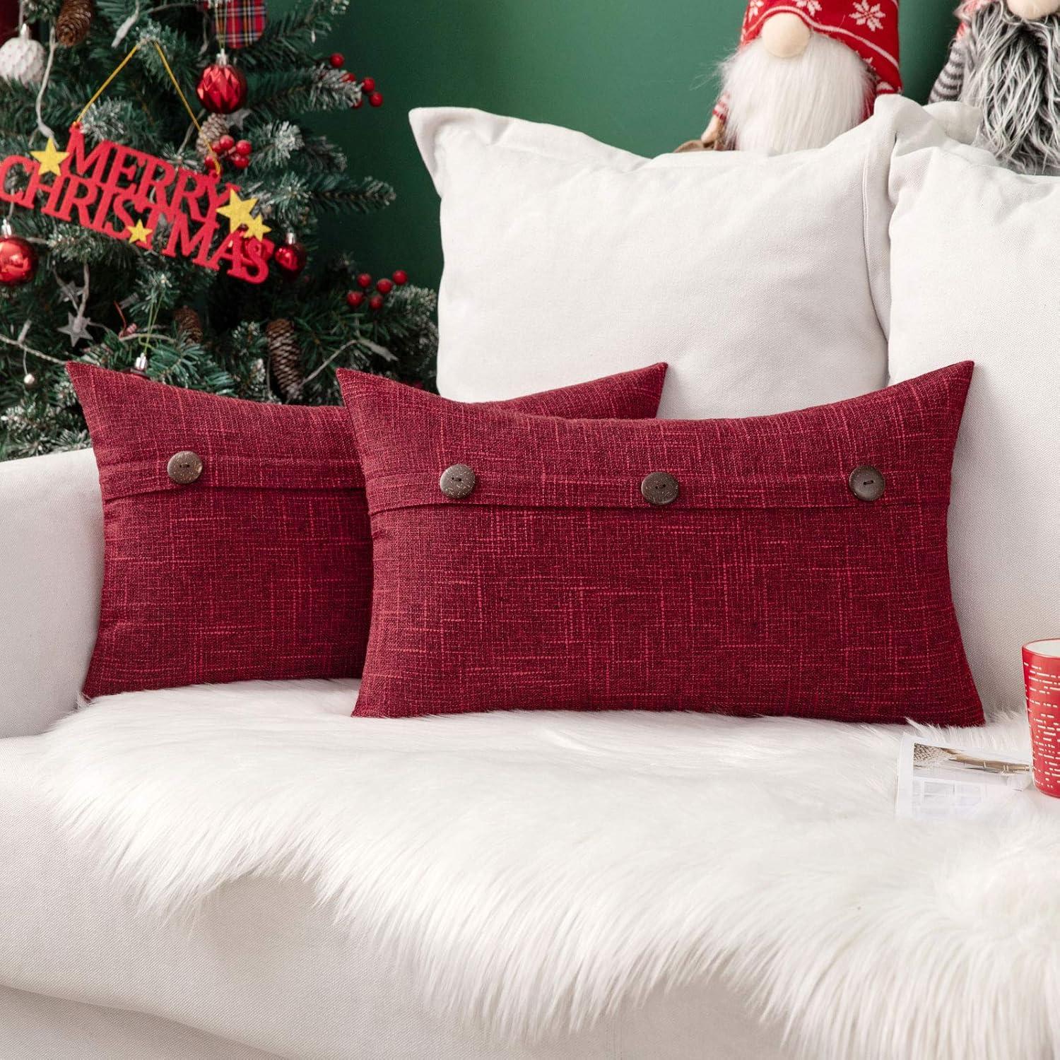 imageMIULEE Set of 2 Decorative Linen Throw Pillow Covers Cushion Case Triple Button Vintage Farmhouse Pillowcase for Couch Sofa Bed 12 x 20 Inch 30 x 50 cm BeigeWine Red