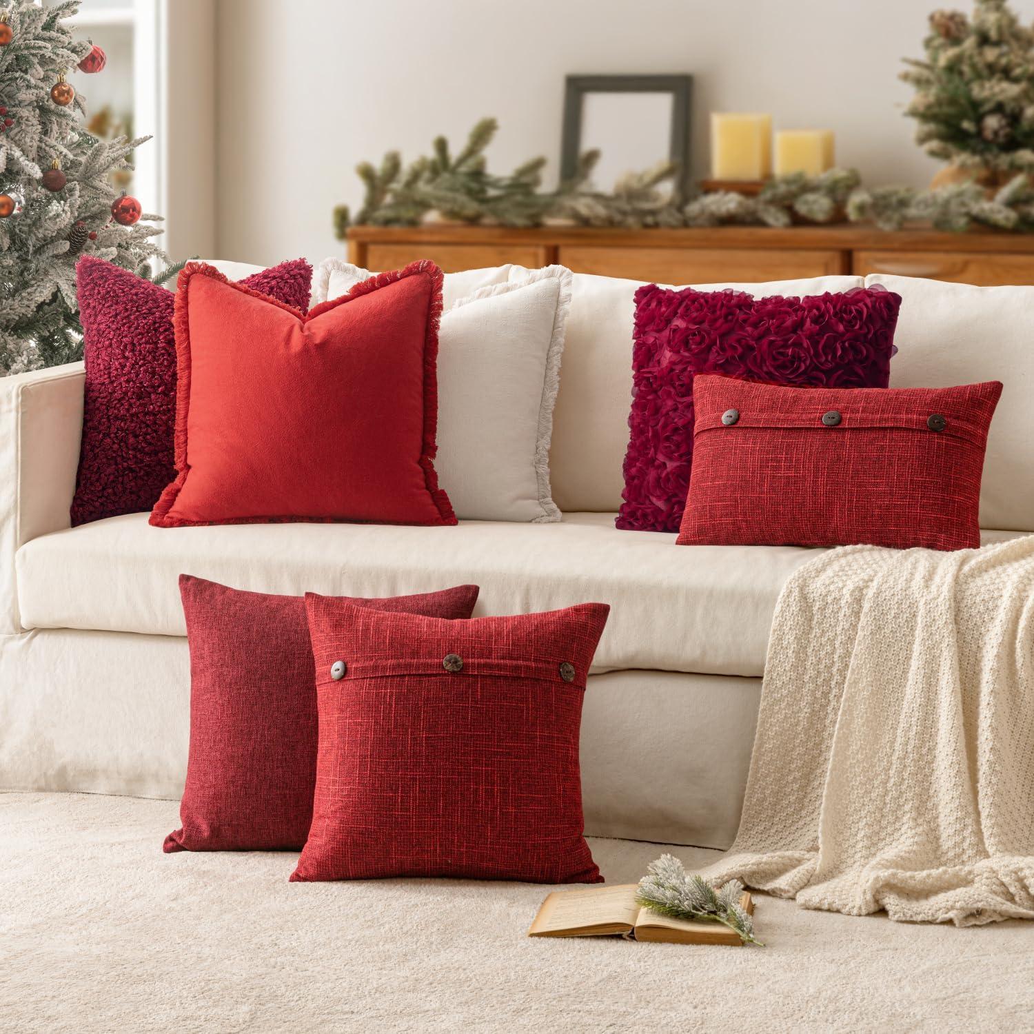 imageMIULEE Set of 2 Decorative Linen Throw Pillow Covers Cushion Case Triple Button Vintage Farmhouse Pillowcase for Couch Sofa Bed 12 x 20 Inch 30 x 50 cm BeigeWine Red