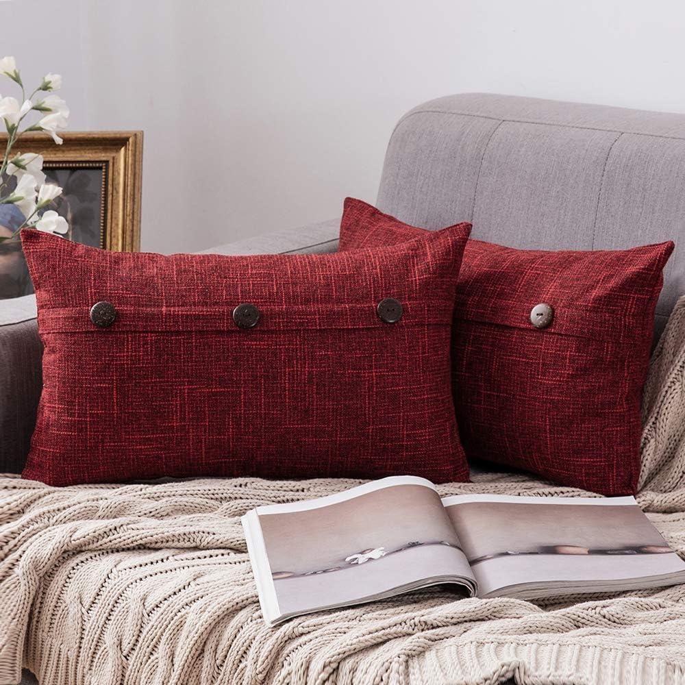 imageMIULEE Set of 2 Decorative Linen Throw Pillow Covers Cushion Case Triple Button Vintage Farmhouse Pillowcase for Couch Sofa Bed 12 x 20 Inch 30 x 50 cm BeigeWine Red