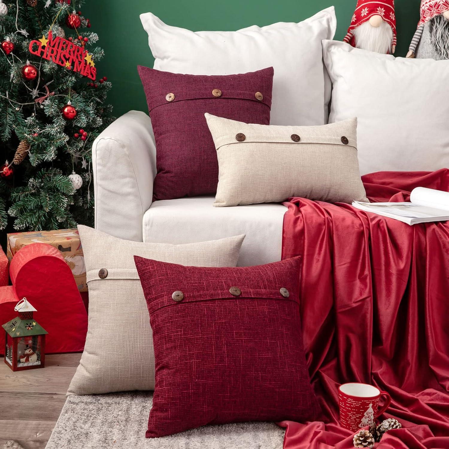 imageMIULEE Set of 2 Decorative Linen Throw Pillow Covers Cushion Case Triple Button Vintage Farmhouse Pillowcase for Couch Sofa Bed 12 x 20 Inch 30 x 50 cm BeigeWine Red