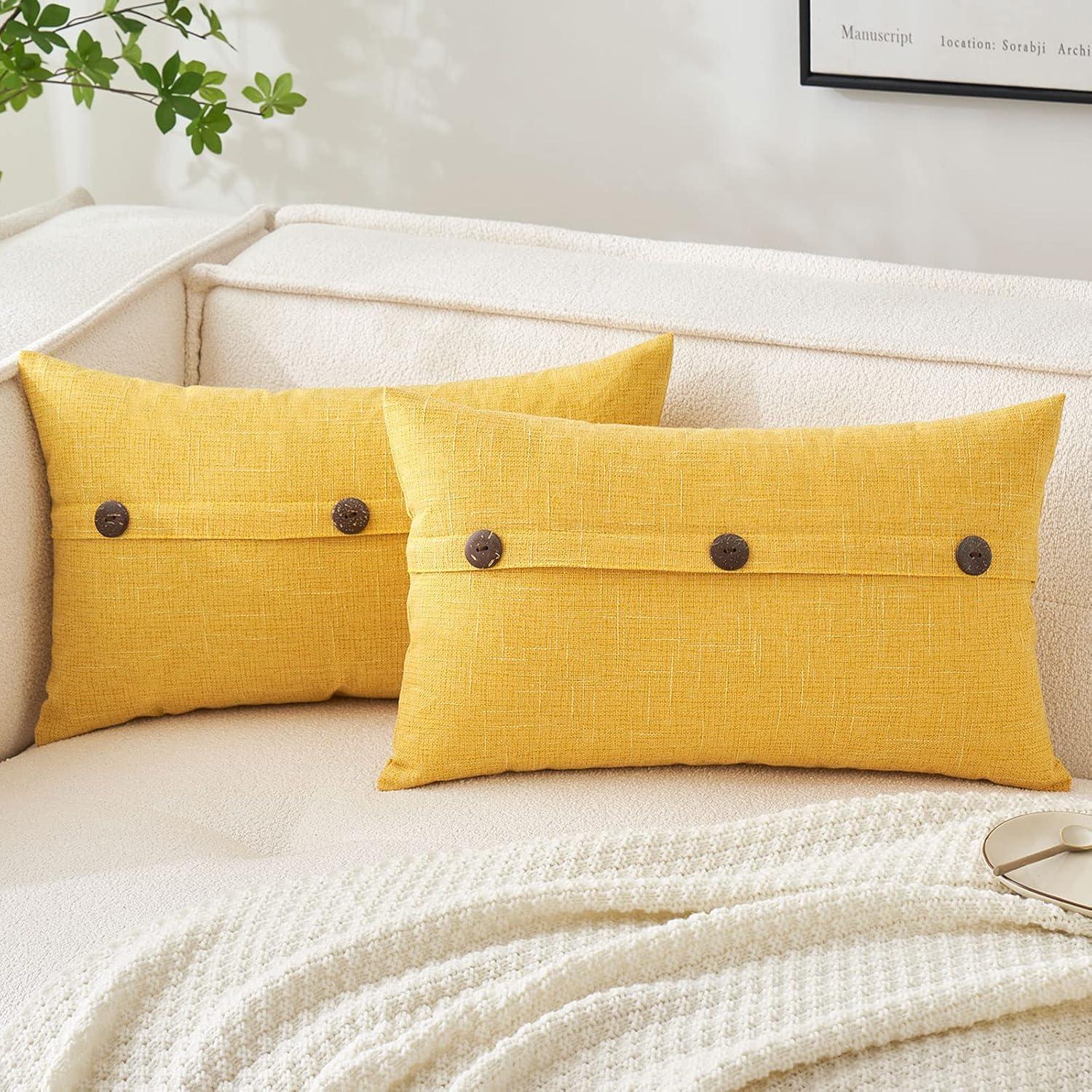 imageMIULEE Set of 2 Decorative Linen Throw Pillow Covers Cushion Case Triple Button Vintage Farmhouse Pillowcase for Couch Sofa Bed 12 x 20 Inch 30 x 50 cm BeigeBright Yellow