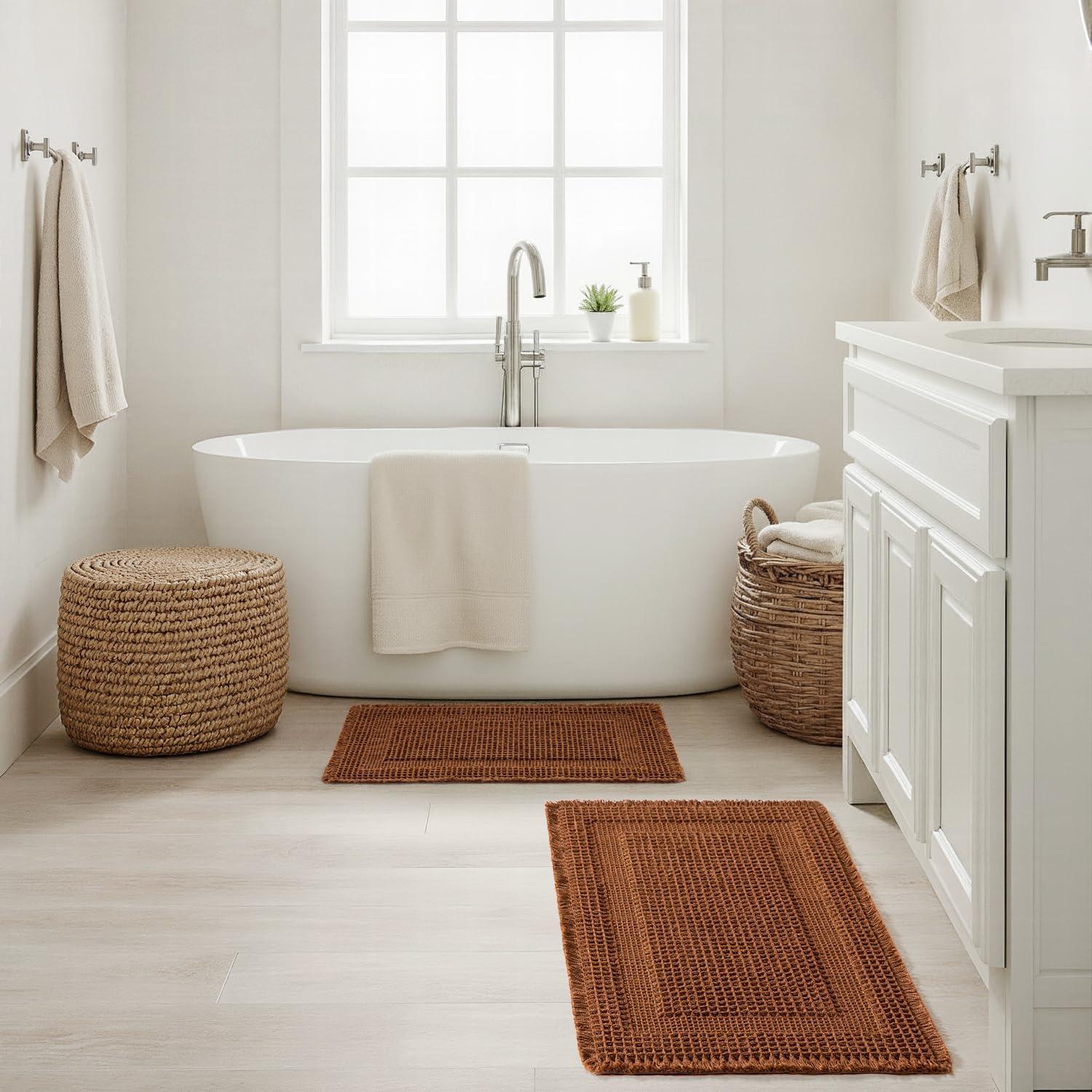 imageMIULEE Set of 2 Waffle Bathroom Rugs Boho Bath Rug Super Absorbent Non Slip Washable Ultra Soft Rubber Backed Shower Bath Mats for Floor Tub Shower Looped Design Terracotta 18x30 InchTerracotta