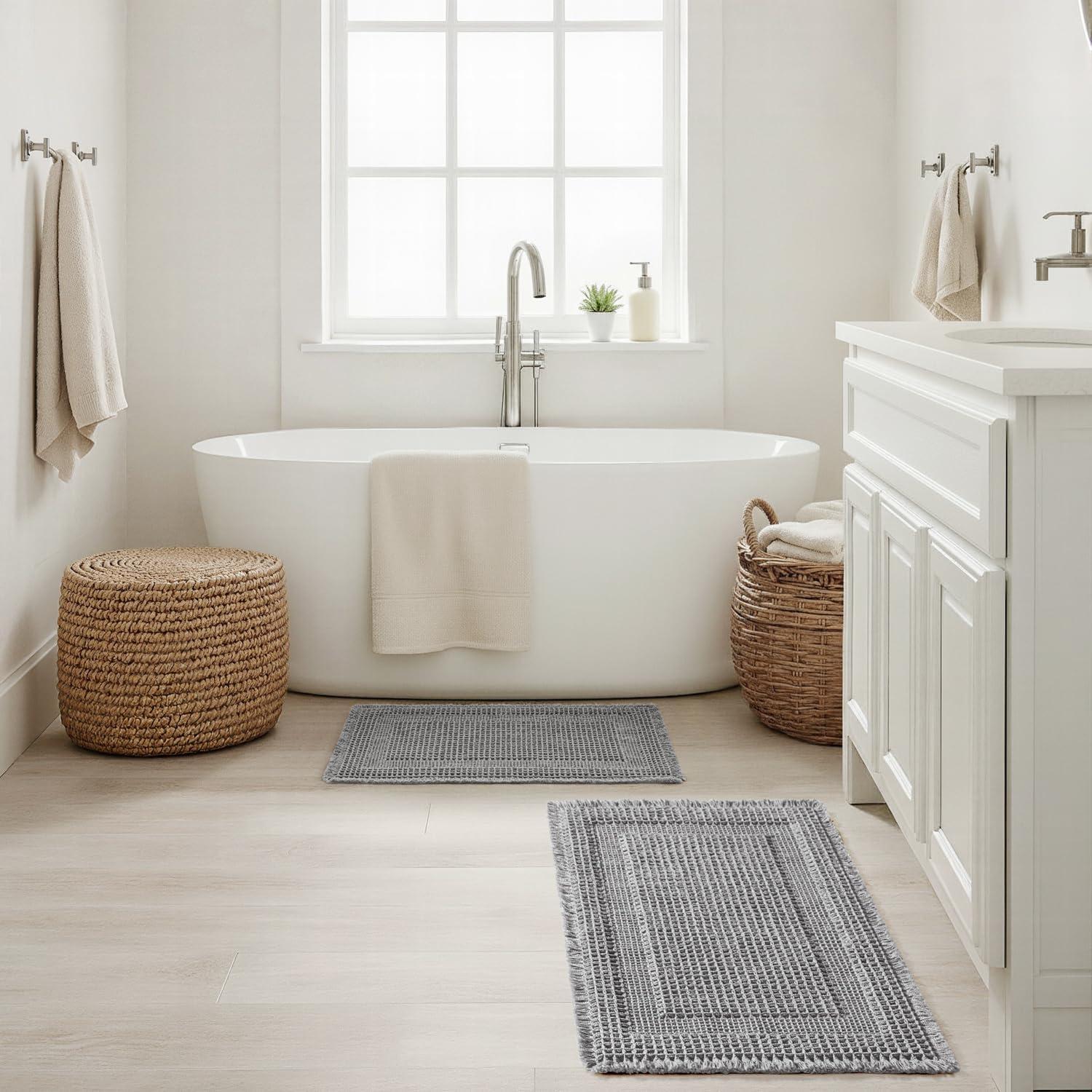 imageMIULEE Set of 2 Waffle Bathroom Rugs Boho Bath Rug Super Absorbent Non Slip Washable Ultra Soft Rubber Backed Shower Bath Mats for Floor Tub Shower Looped Design Terracotta 18x30 InchLight Grey