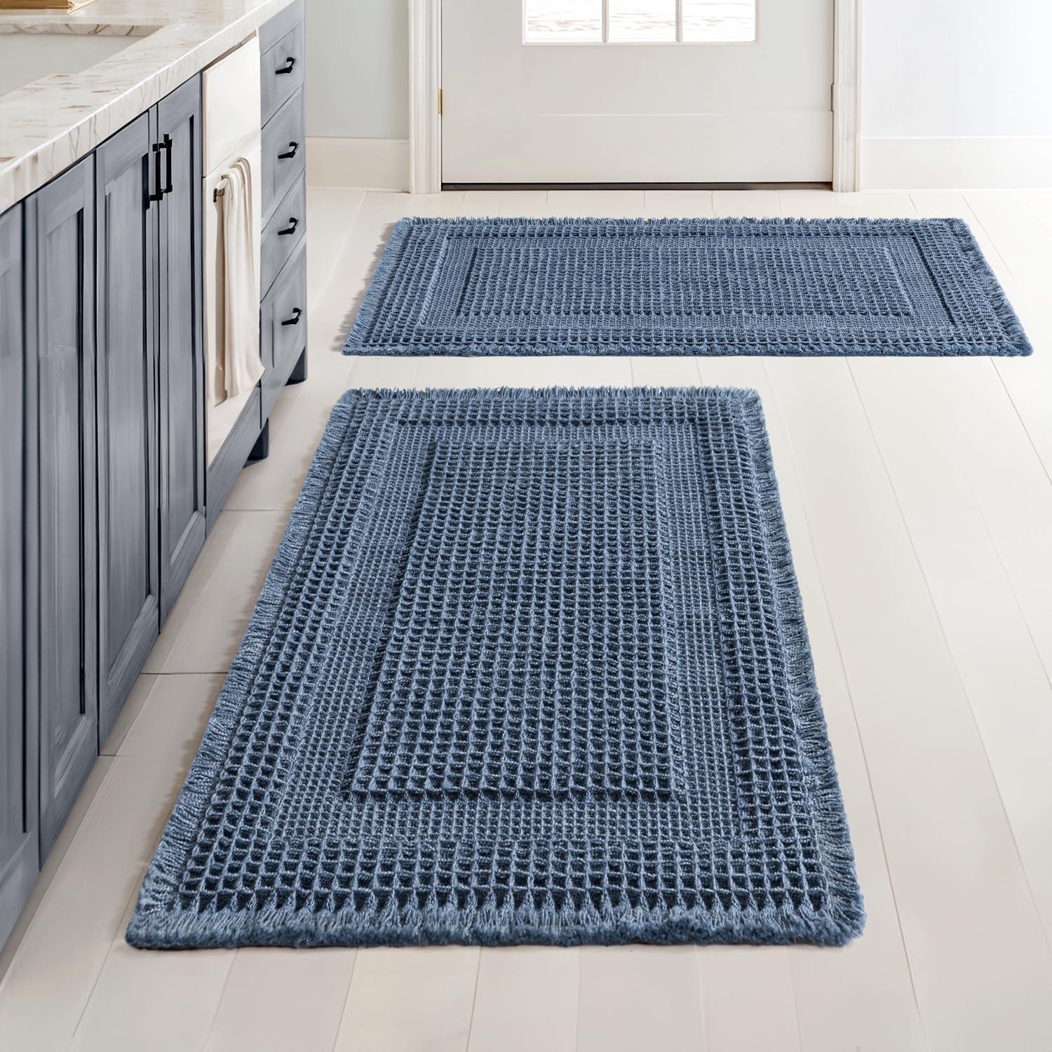 imageMIULEE Set of 2 Waffle Bathroom Rugs Boho Bath Rug Super Absorbent Non Slip Washable Ultra Soft Rubber Backed Shower Bath Mats for Floor Tub Shower Looped Design Terracotta 18x30 InchBlue