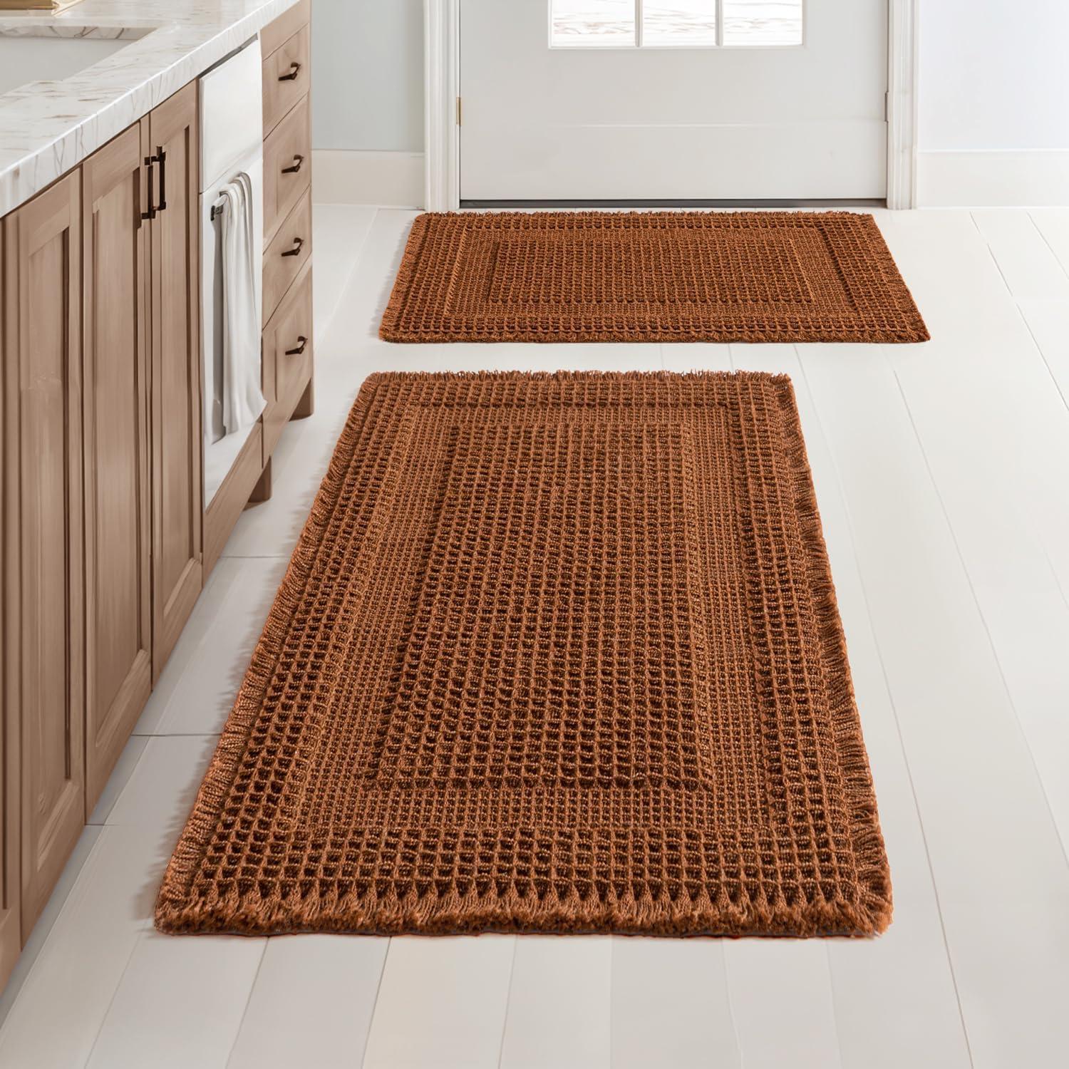 imageMIULEE Set of 2 Waffle Bathroom Rugs Boho Bath Rug Super Absorbent Non Slip Washable Ultra Soft Rubber Backed Shower Bath Mats for Floor Tub Shower Looped Design Terracotta 18x30 InchTerracotta