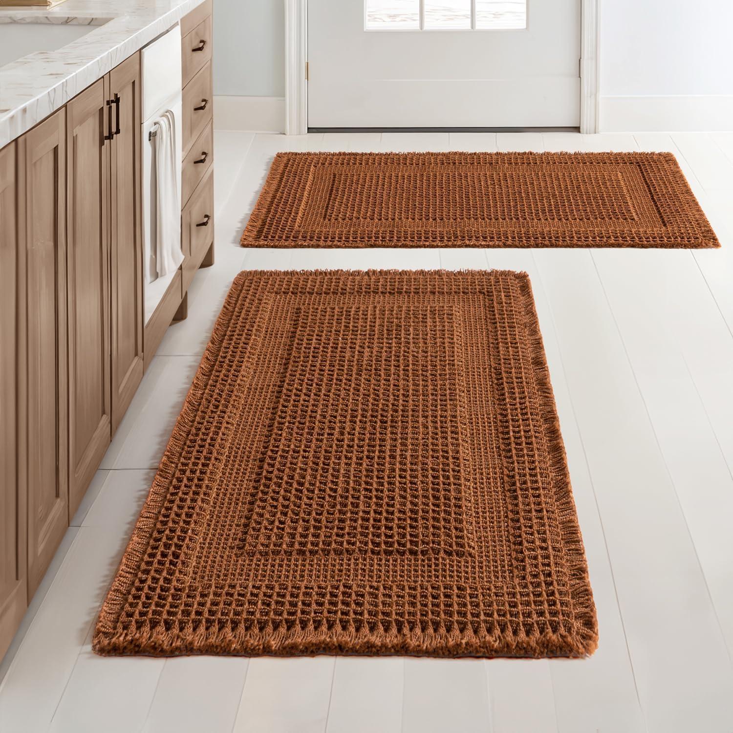 imageMIULEE Set of 2 Waffle Bathroom Rugs Boho Bath Rug Super Absorbent Non Slip Washable Ultra Soft Rubber Backed Shower Bath Mats for Floor Tub Shower Looped Design Terracotta 18x30 InchTerracotta