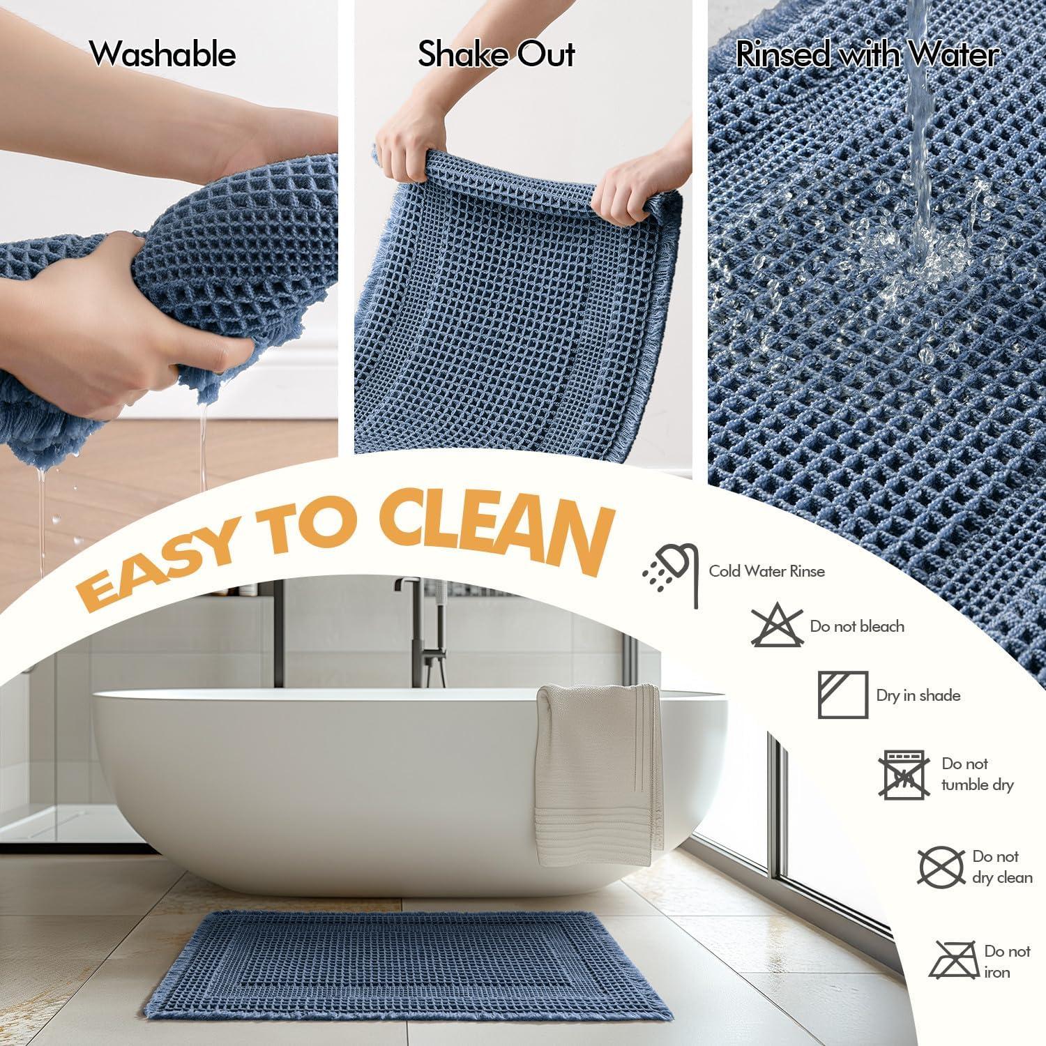 imageMIULEE Set of 2 Waffle Bathroom Rugs Boho Bath Rug Super Absorbent Non Slip Washable Ultra Soft Rubber Backed Shower Bath Mats for Floor Tub Shower Looped Design Terracotta 18x30 InchBlue