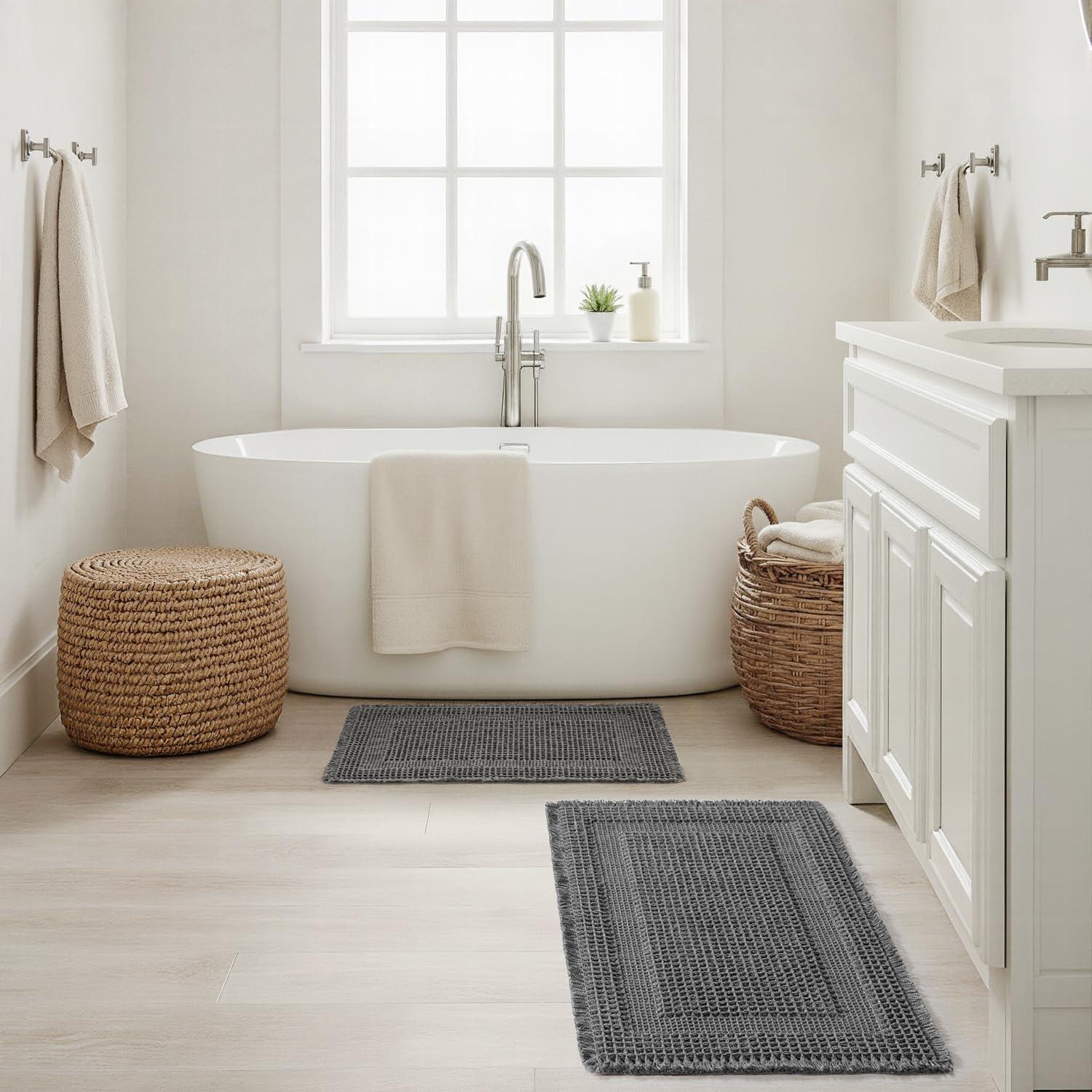 imageMIULEE Set of 2 Waffle Bathroom Rugs Boho Bath Rug Super Absorbent Non Slip Washable Ultra Soft Rubber Backed Shower Bath Mats for Floor Tub Shower Looped Design Terracotta 18x30 InchDark Grey