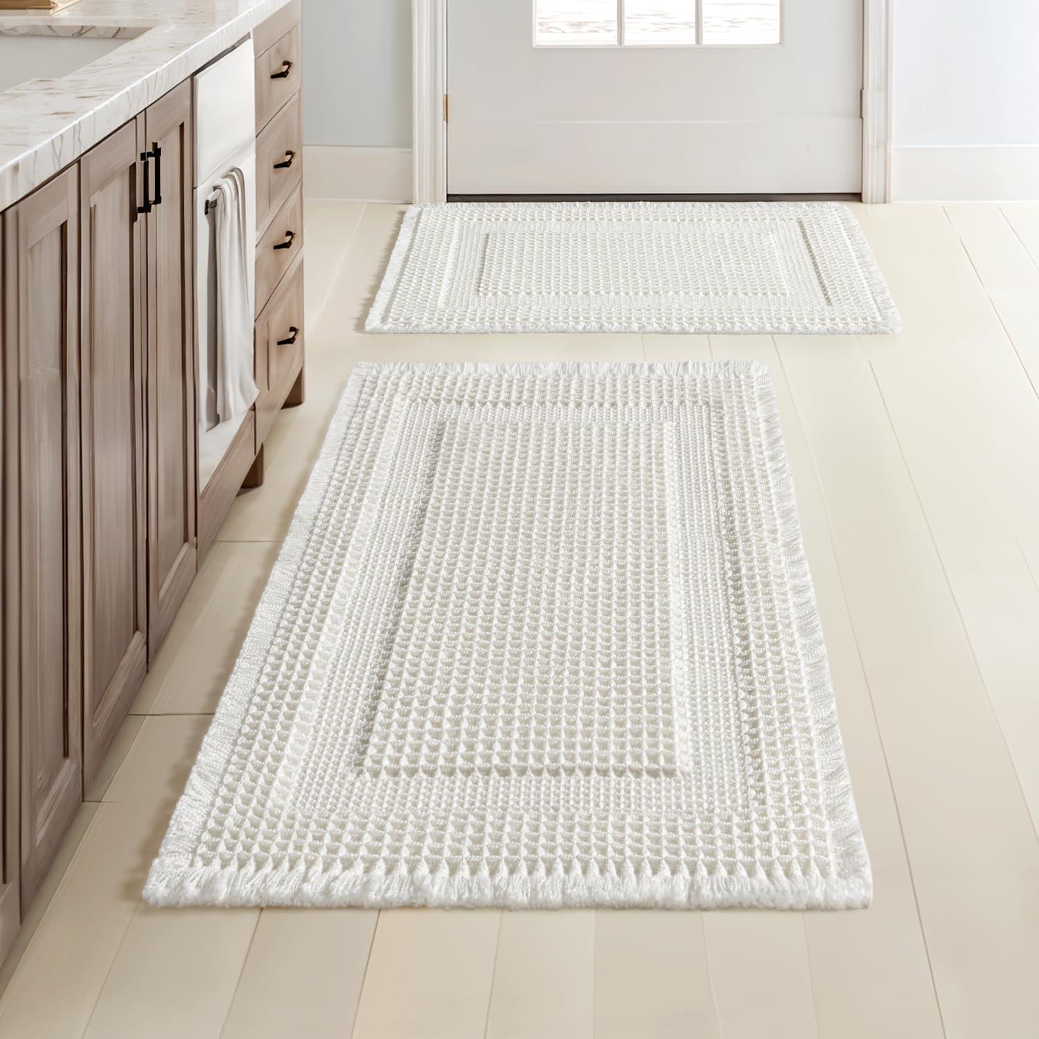 imageMIULEE Set of 2 Waffle Bathroom Rugs Boho Bath Rug Super Absorbent Non Slip Washable Ultra Soft Rubber Backed Shower Bath Mats for Floor Tub Shower Looped Design Terracotta 18x30 InchWhite
