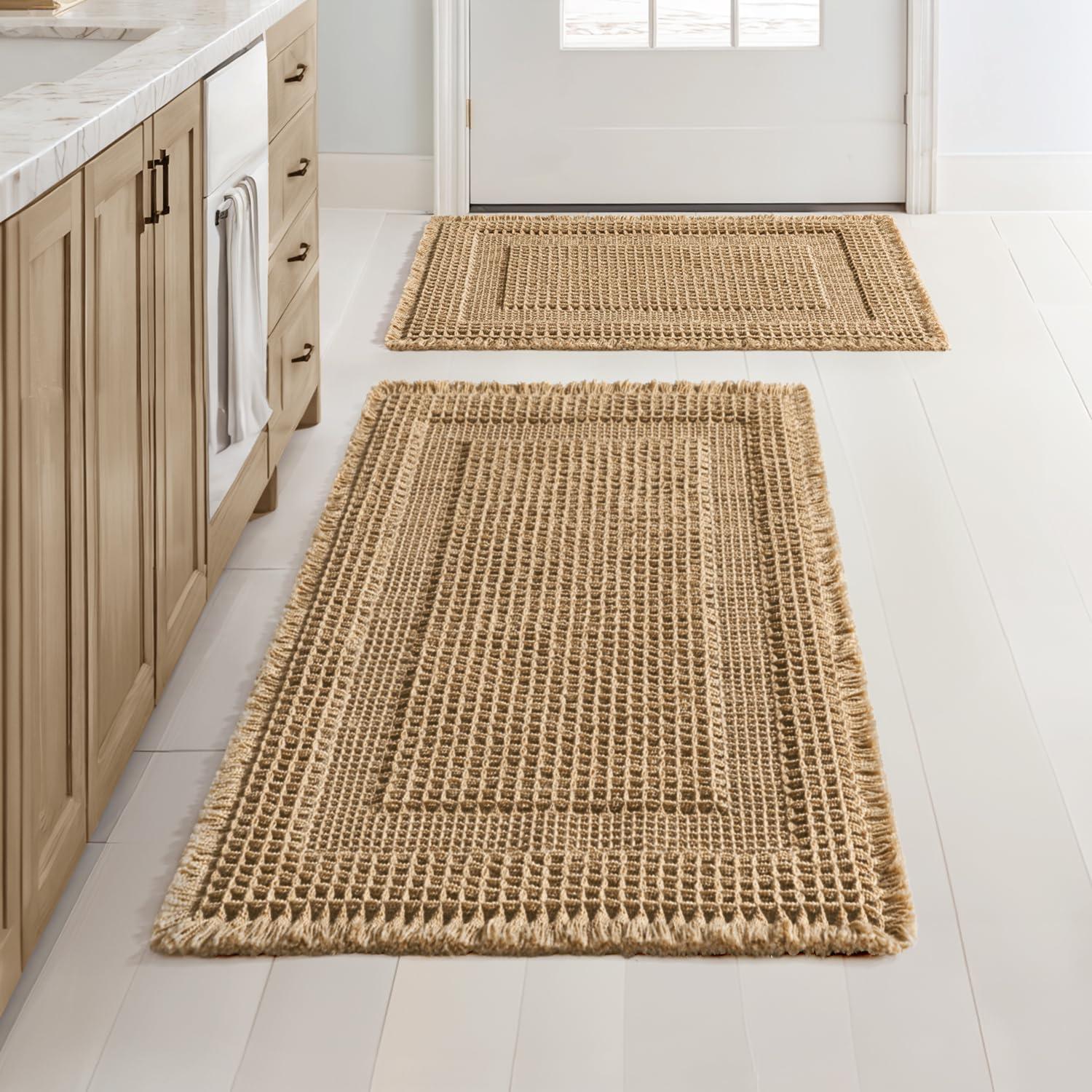 imageMIULEE Set of 2 Waffle Bathroom Rugs Boho Bath Rug Super Absorbent Non Slip Washable Ultra Soft Rubber Backed Shower Bath Mats for Floor Tub Shower Looped Design Terracotta 18x30 InchBrown