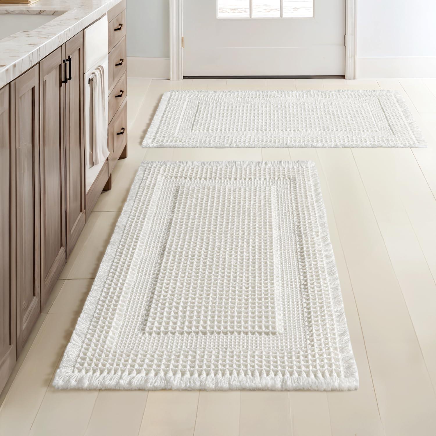 imageMIULEE Set of 2 Waffle Bathroom Rugs Boho Bath Rug Super Absorbent Non Slip Washable Ultra Soft Rubber Backed Shower Bath Mats for Floor Tub Shower Looped Design Terracotta 18x30 InchWhite