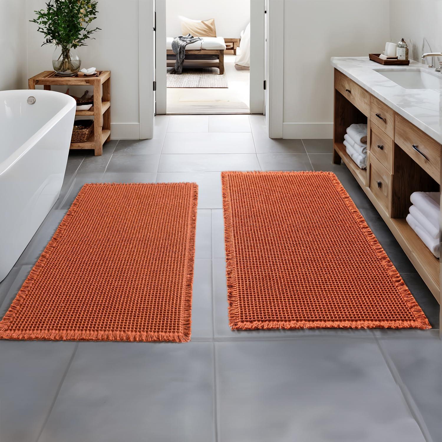 imageMIULEE Set of 2 Waffle Bathroom Rugs Boho Bath Rugs Non Slip Washable Super Absorbent Bath Mats Ultra Soft Rubber Backed Shower Mats for Bathroom Floor Tub and Shower Chocolate 18x30 InchOrange