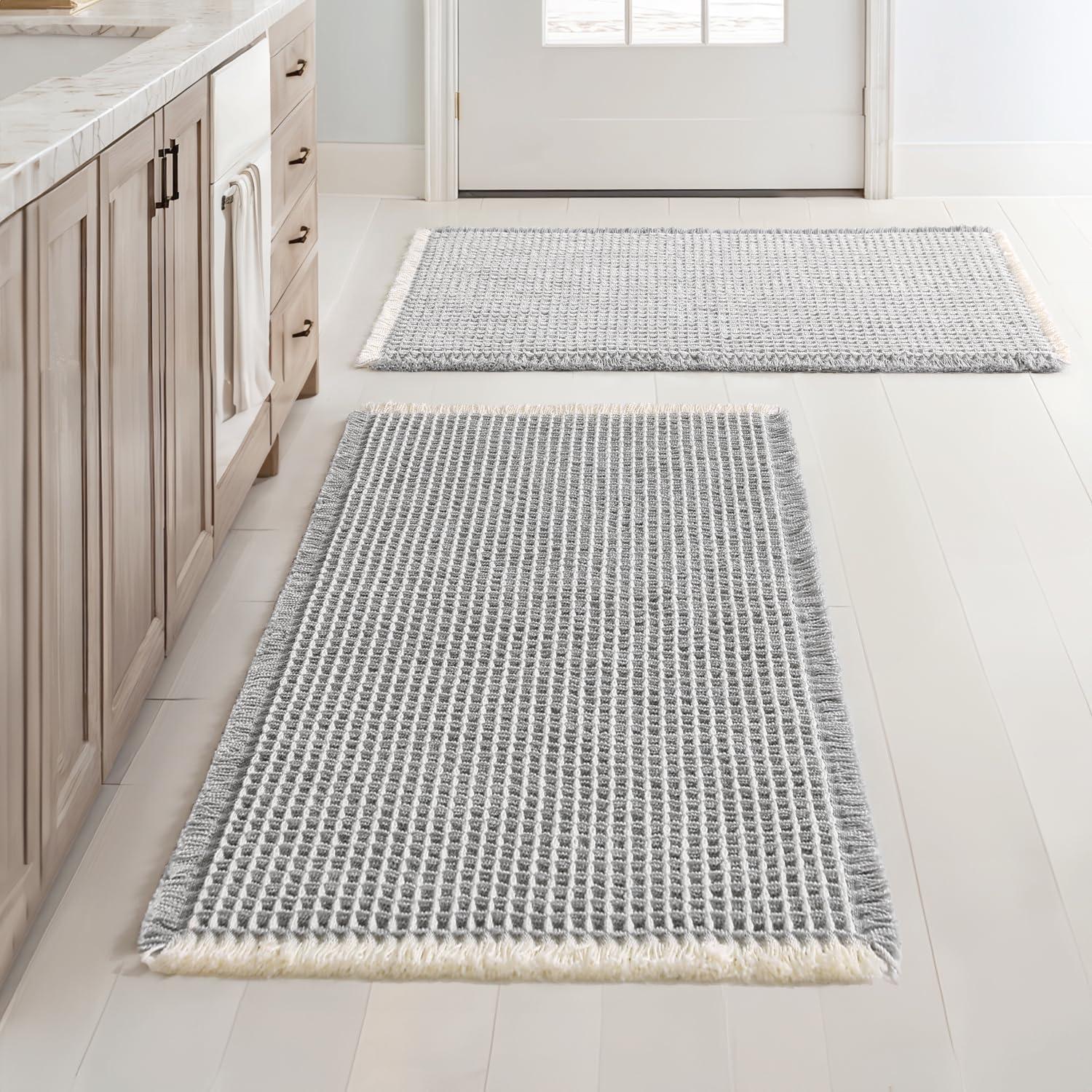 imageMIULEE Set of 2 Waffle Bathroom Rugs Boho Bath Rugs Non Slip Washable Super Absorbent Bath Mats Ultra Soft Rubber Backed Shower Mats for Bathroom Floor Tub and Shower Chocolate 18x30 InchLightgrey Cream