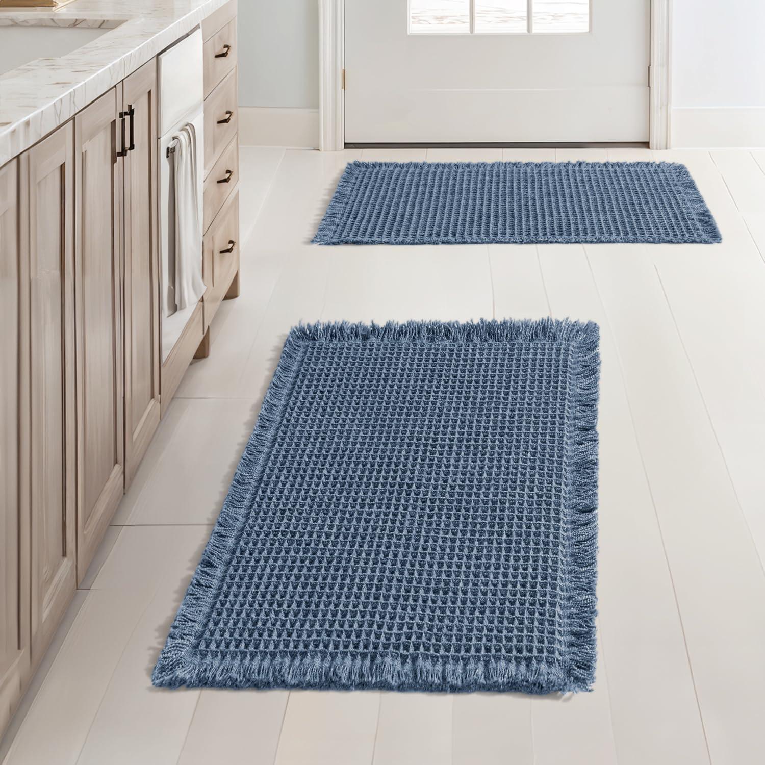 imageMIULEE Set of 2 Waffle Bathroom Rugs Boho Bath Rugs Non Slip Washable Super Absorbent Bath Mats Ultra Soft Rubber Backed Shower Mats for Bathroom Floor Tub and Shower Chocolate 18x30 InchBlue
