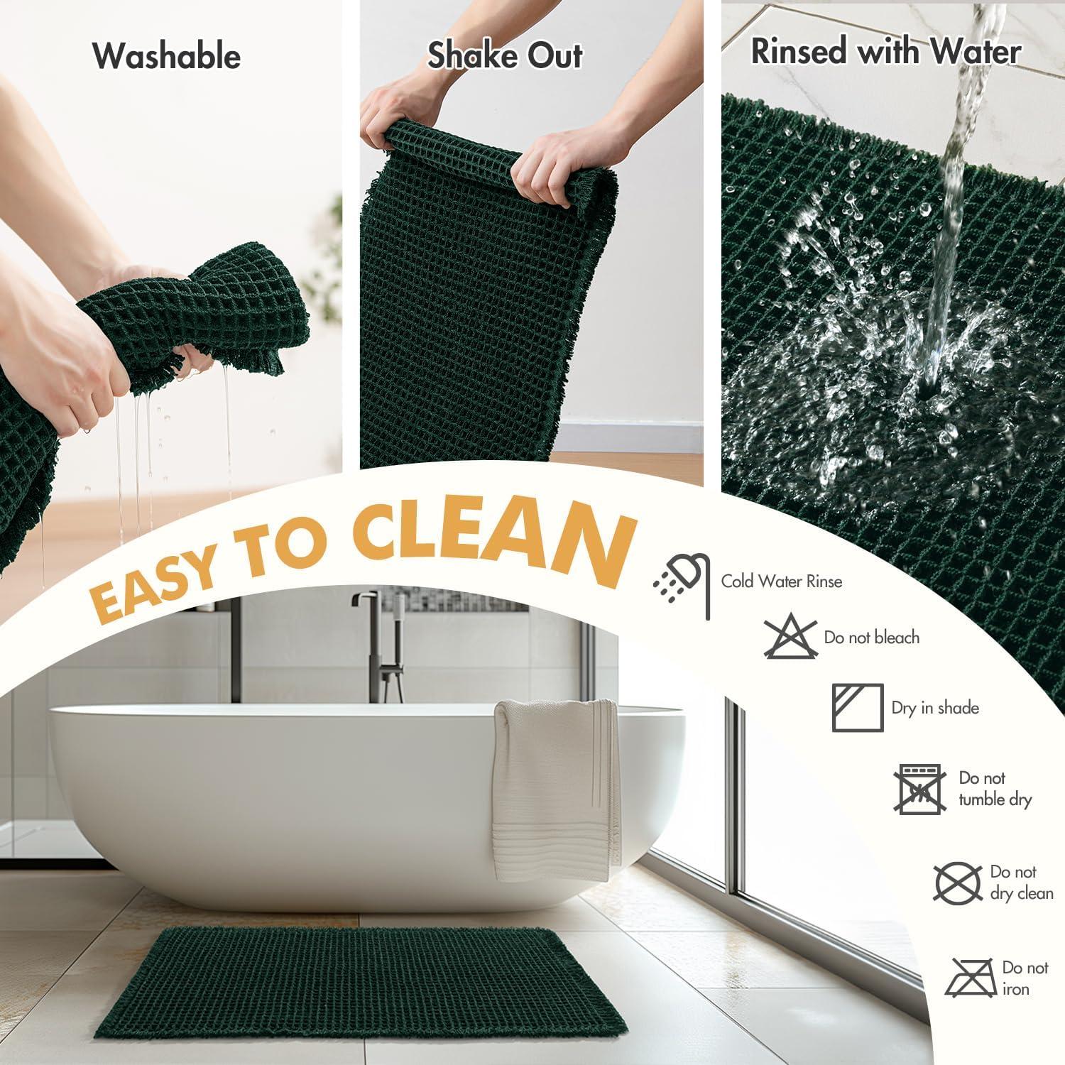 imageMIULEE Set of 2 Waffle Bathroom Rugs Boho Bath Rugs Non Slip Washable Super Absorbent Bath Mats Ultra Soft Rubber Backed Shower Mats for Bathroom Floor Tub and Shower Chocolate 18x30 InchDark Green