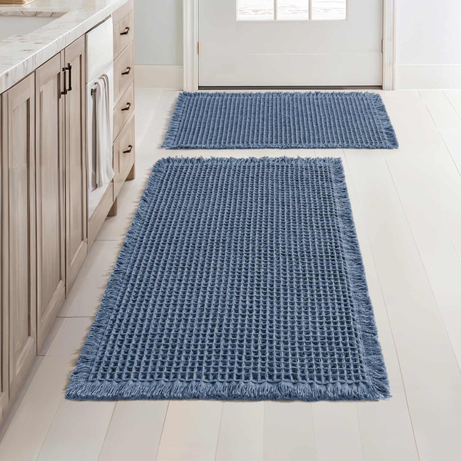 imageMIULEE Set of 2 Waffle Bathroom Rugs Boho Bath Rugs Non Slip Washable Super Absorbent Bath Mats Ultra Soft Rubber Backed Shower Mats for Bathroom Floor Tub and Shower Chocolate 18x30 InchBlue